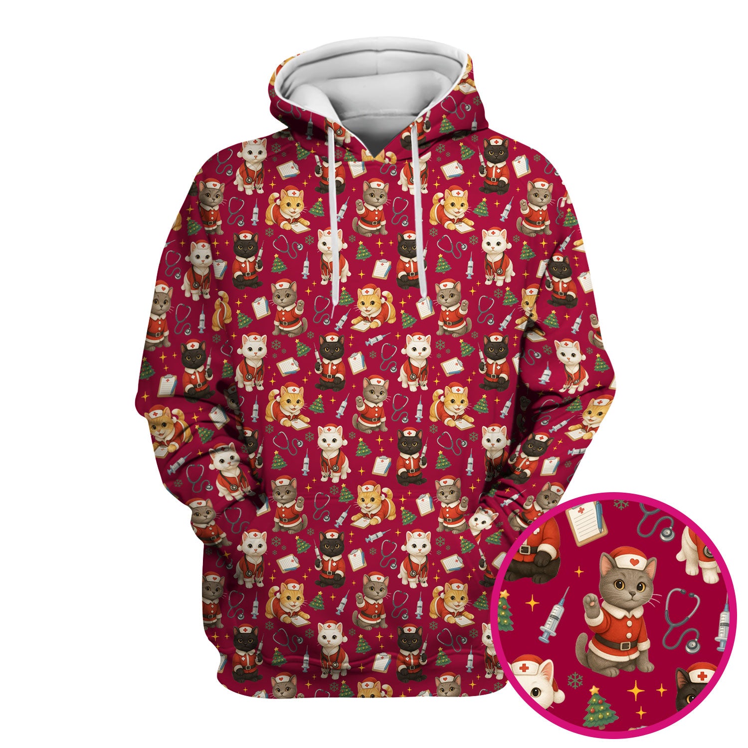 Funny Nurse Scrub Top for Women - Christmas Lucky Cat Design - Cute Holiday Nursing Shirt Gift for RN LPN CNA