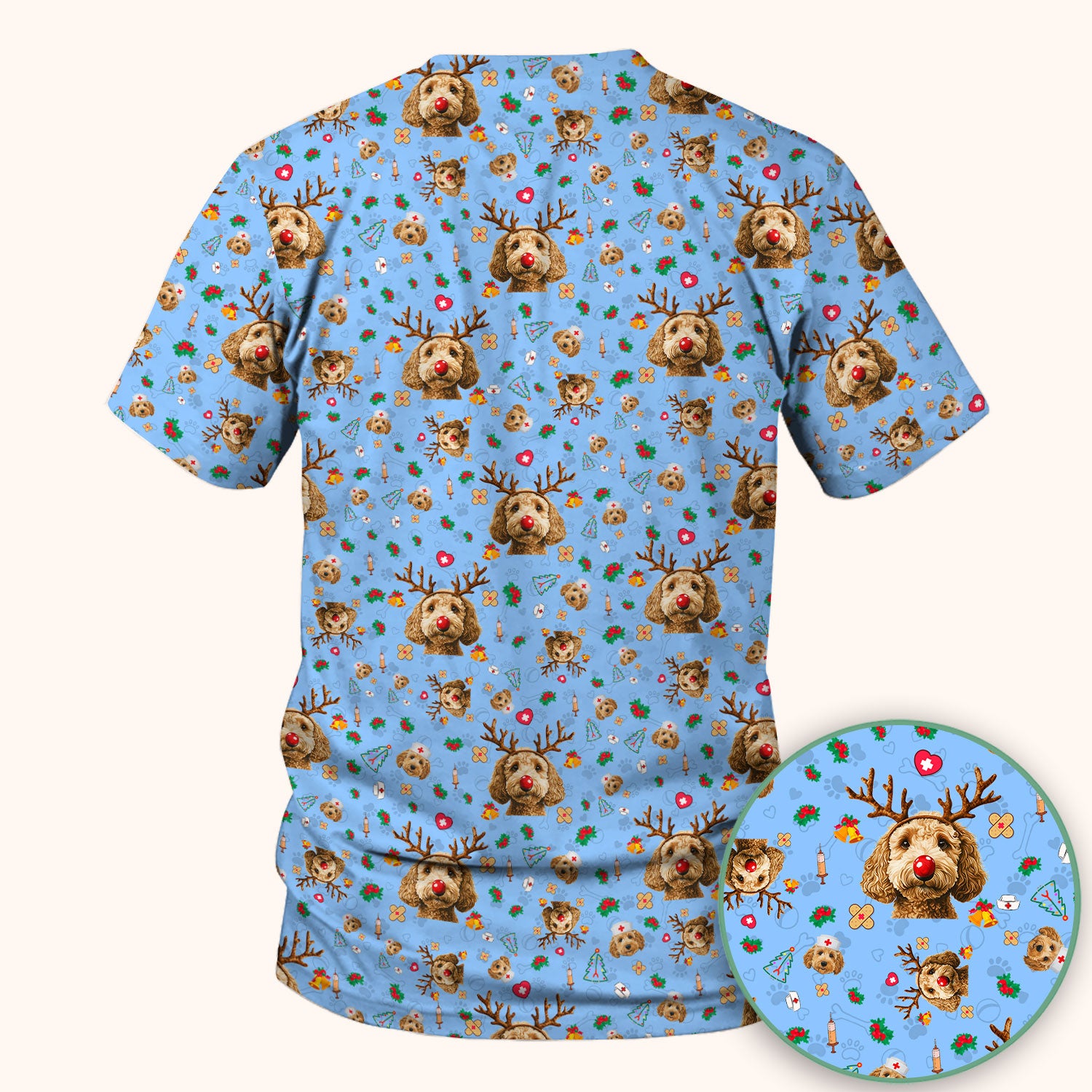 Labradoodle Reindeer Christmas Scrub Top - Funny Dog Nurse Shirt - Cute Holiday Medical Uniform for Women RN LPN CNA Gift