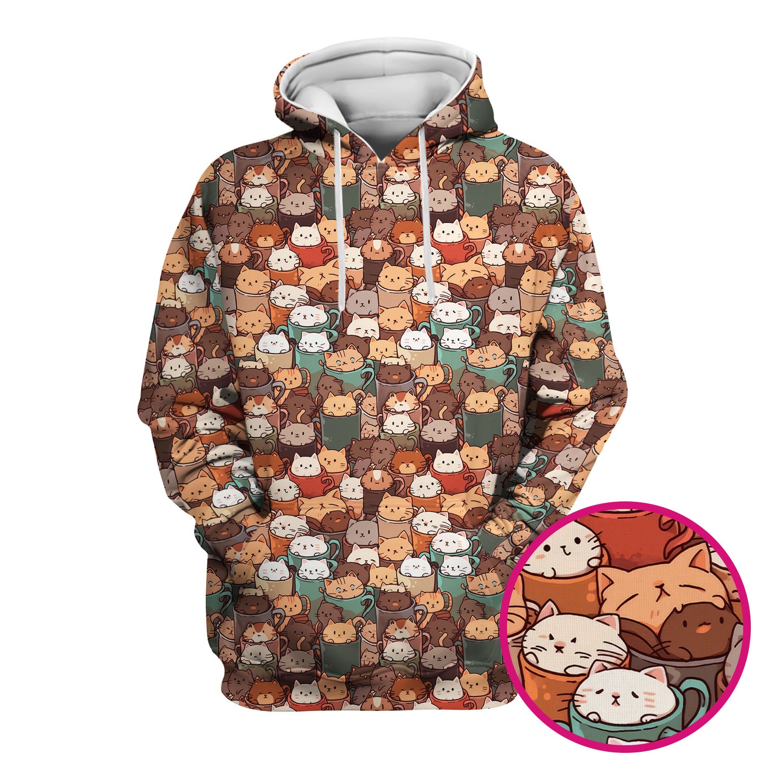 Cute Coffee Cat Scrub Top, Cozy Kittens in Mug Pattern Nurse Shirt, Breathable Fabrics Nursing Uniform