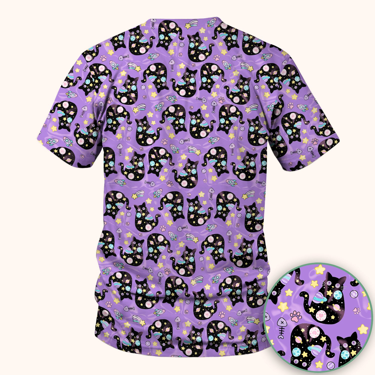 Galaxy Black Cat Space Pattern Scrub Top, Breathable Fabrics Nursing Uniform