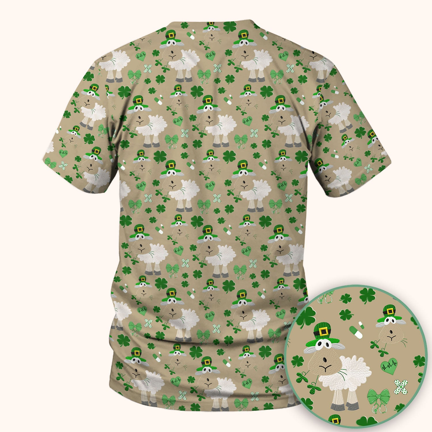 Nurse St. Patrick Scrubs Top, Cute Sheep Shamrock Pattern Nurse Shirt, Breathable Fabrics Nursing Uniform