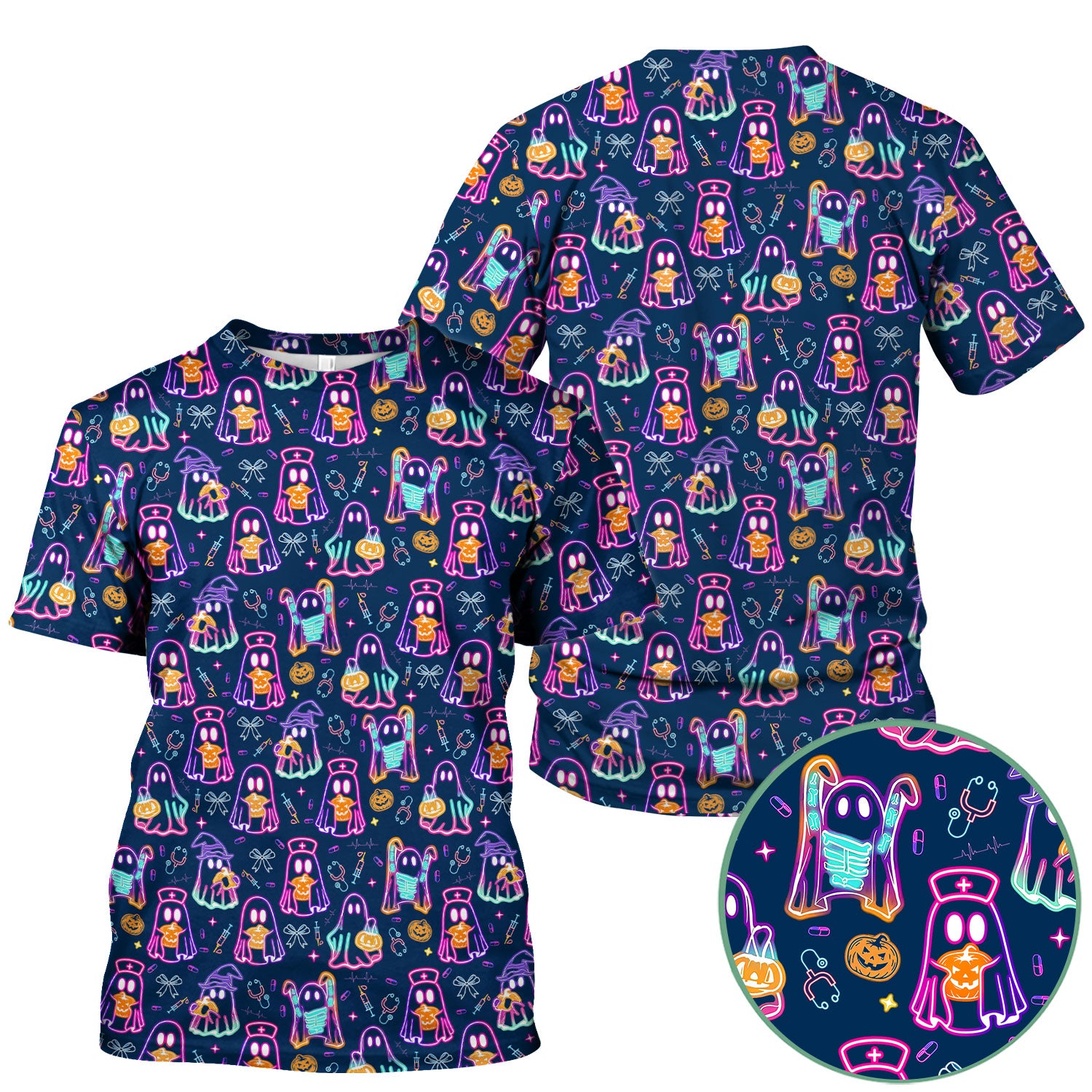 Spooky Neon Ghost Nurse Scrub Top - Halloween Pumpkin Nursing Shirt for Women - Cute Medical Uniform RN CNA LPN Gift
