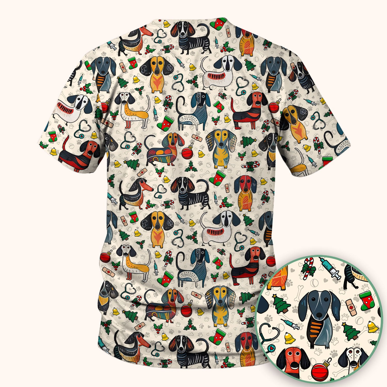 Christmas Wiener Dog Scrub Top - Funny Sausage Dog Nurse Shirt for Women - Holiday Medical Uniform