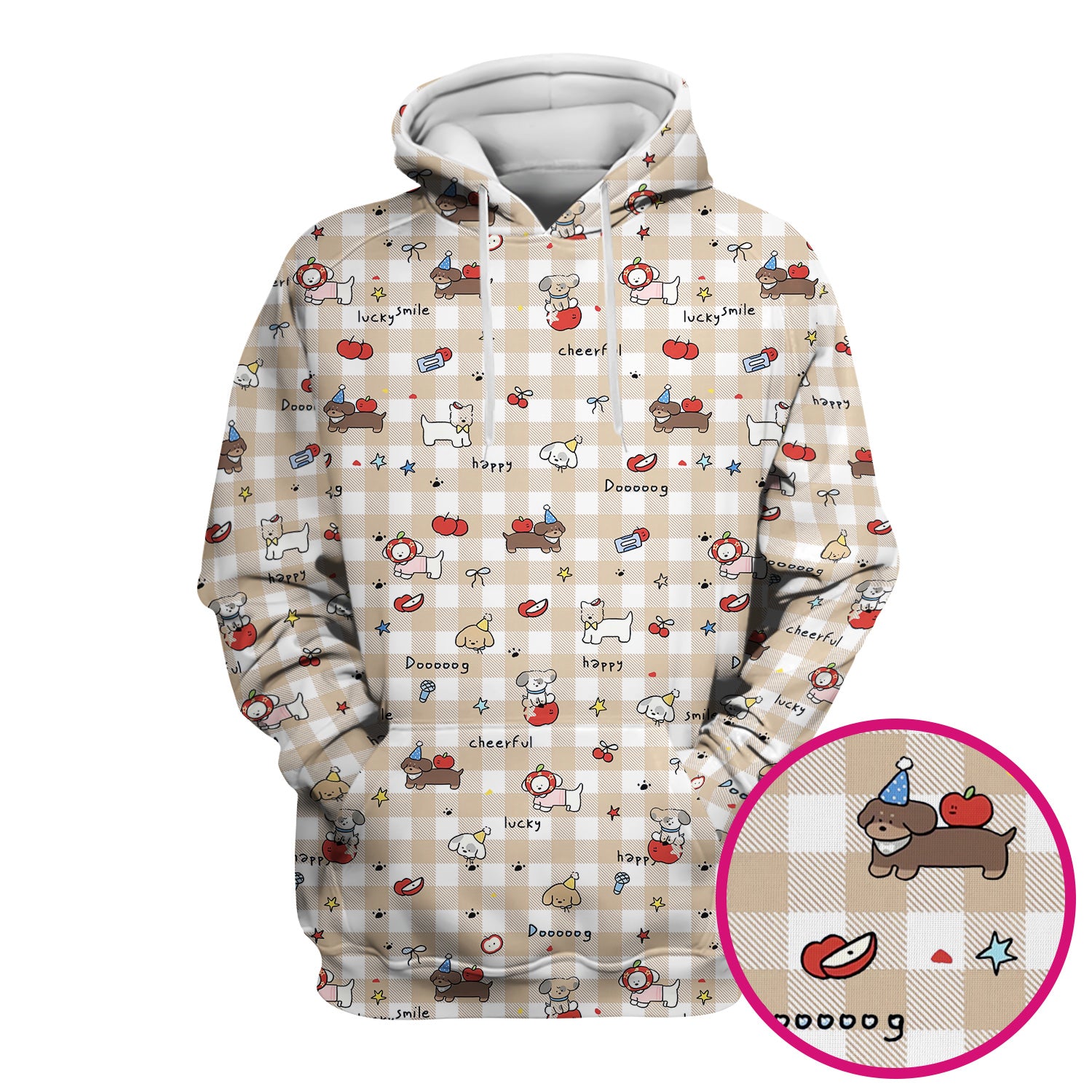 Cute Nurse Cartoon Puppy Apple Gingham Scrub Top, Breathable Fabrics Nursing Uniform