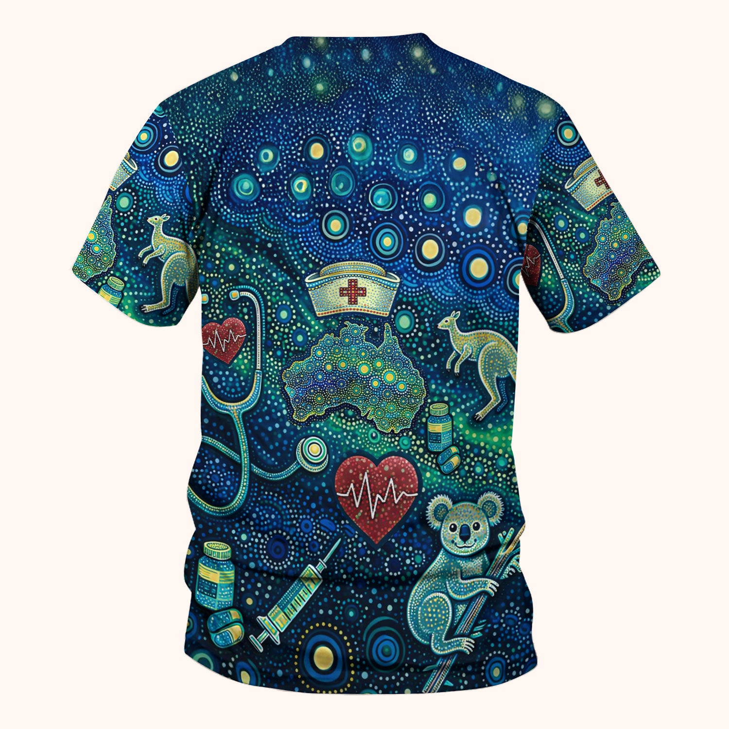 Aboriginal Nurse Australia Scrub Top, Kangaroo Koala Dot Art Medical Pattern Shirt, Breathable Fabrics Nursing Uniform
