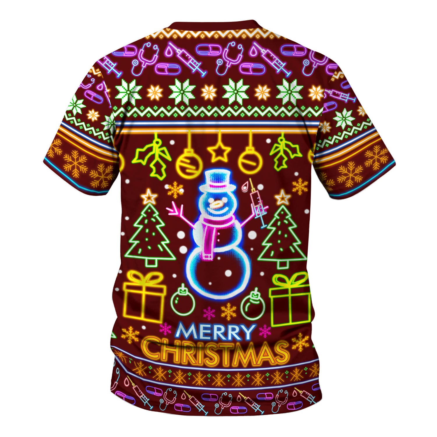 Neon Snowman Christmas Scrub Top for Nurses - Merry Christmas Holiday Lights Pattern - Funny Festive Medical Uniform for RN LPN CNA