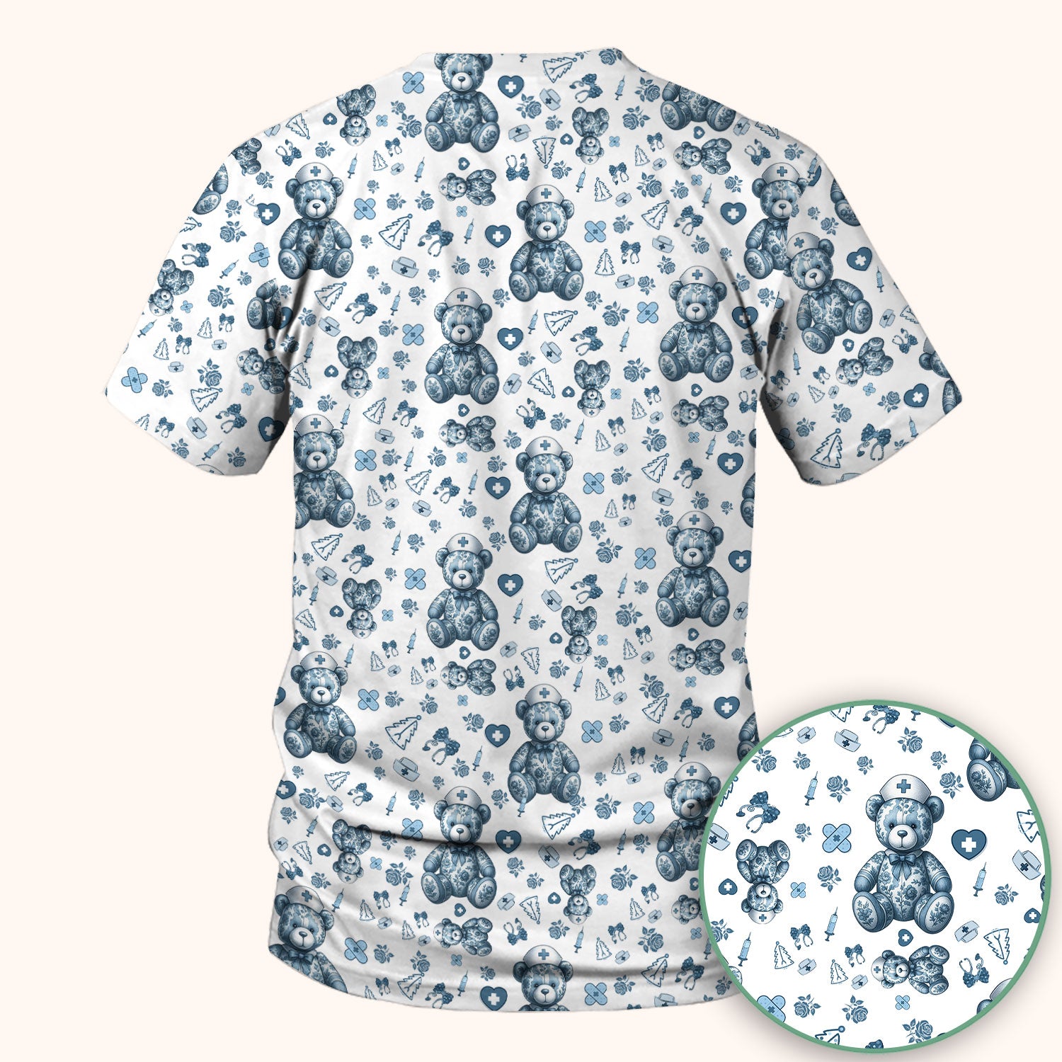 Toile Teddy Bear Nurse Scrub Top - Elegant Blue Toile de Jouy Pattern Medical Shirt for Women - Cute Vintage Nursing Uniform Gift