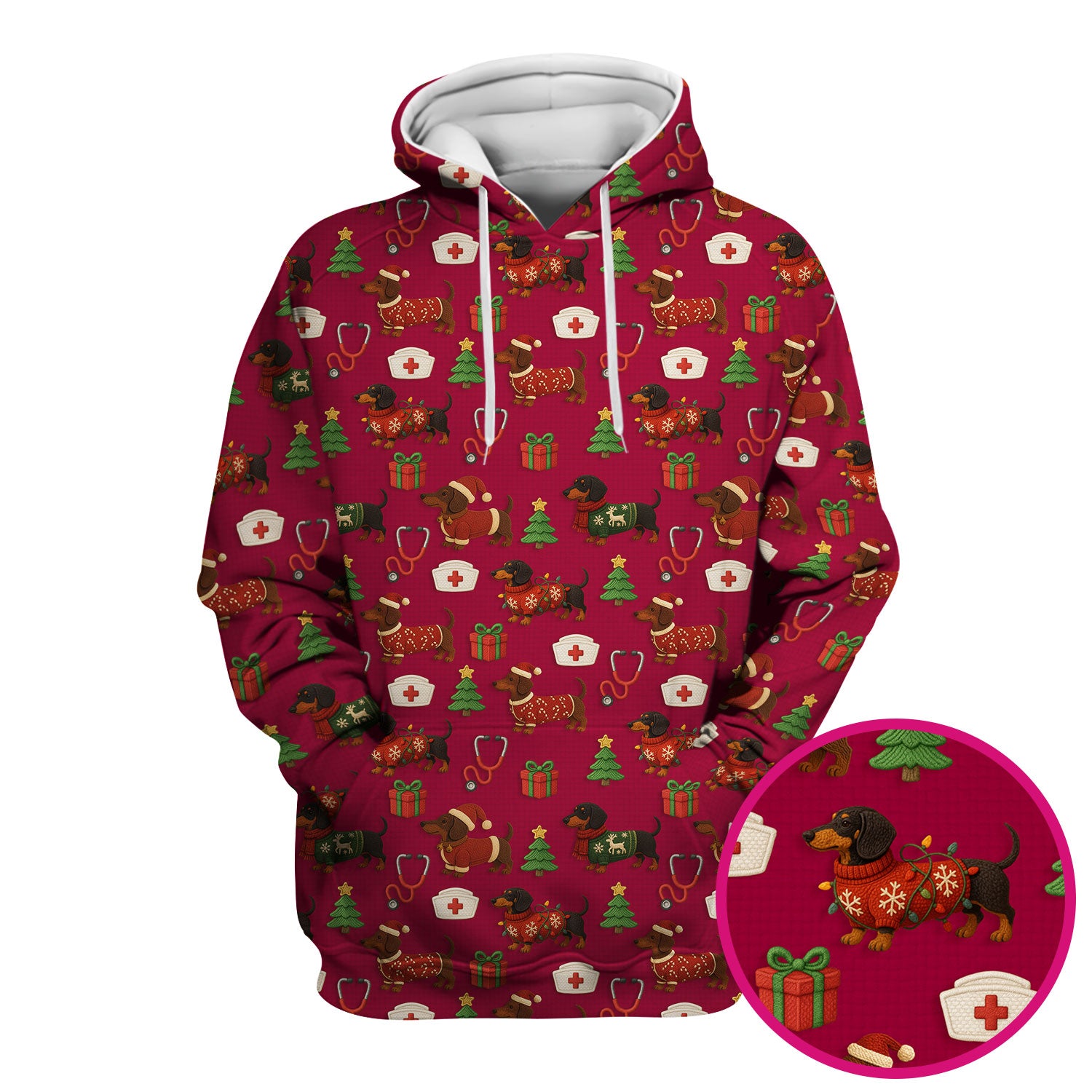 Custom Nurse Scrubs for Women - Dachshund Dog Christmas Print with Gifts & Holiday Tree - Multi Color Nursing Shirt Gift Idea