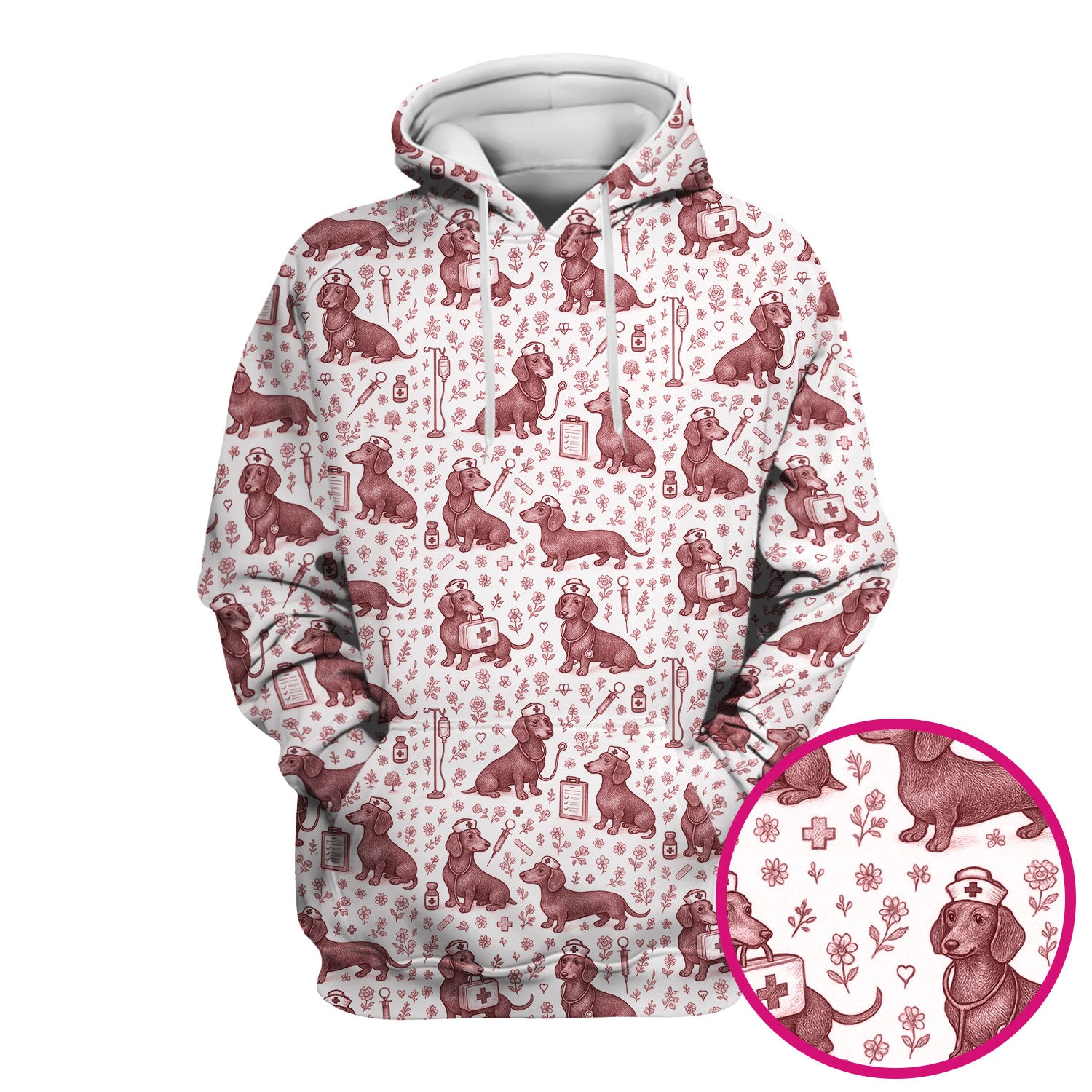 Dachshund Nurse Scrub Top - Cute Dog Pattern Scrubs for Women - Funny Medical Shirt with Vintage Line Art Design