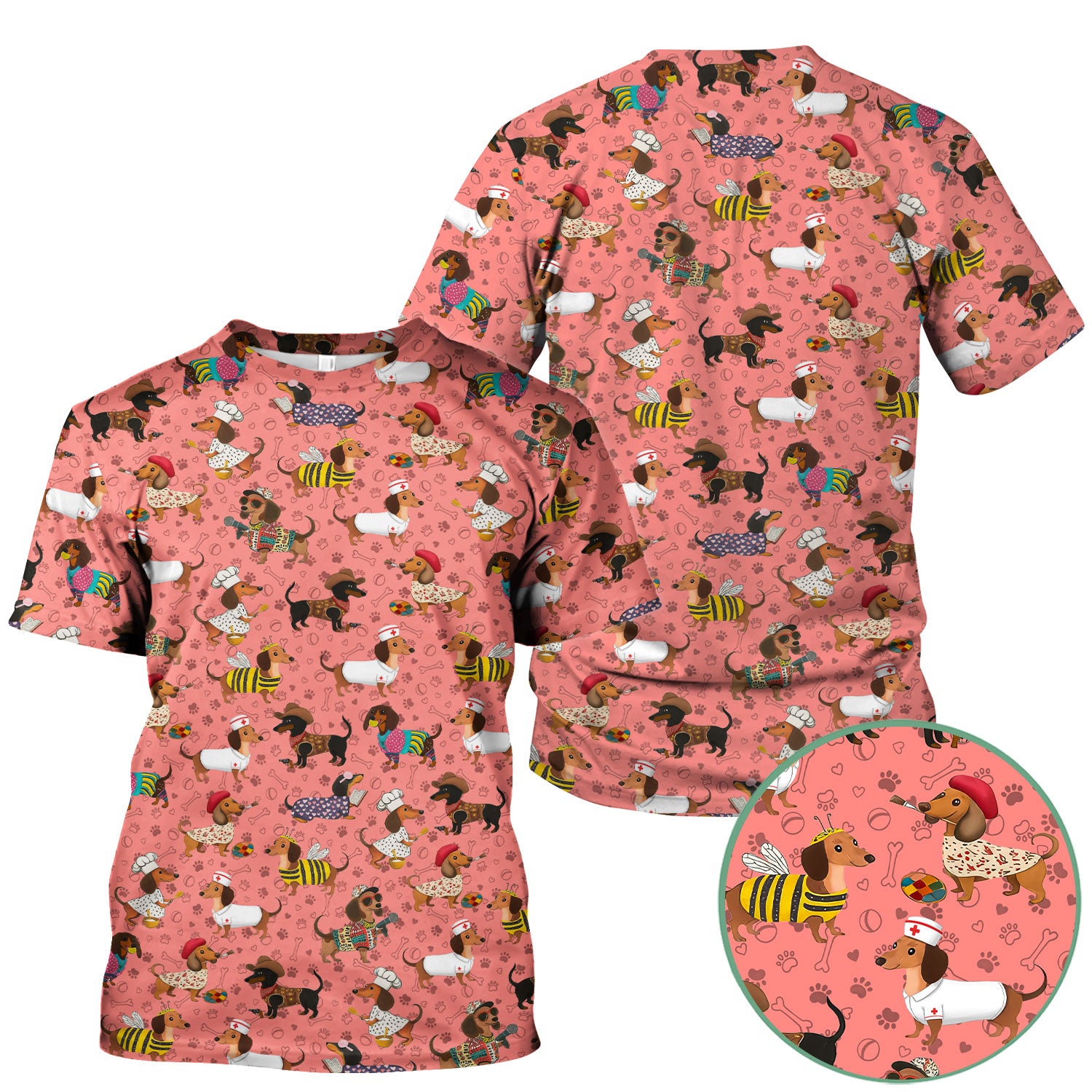 Funny Wiener Dog Nurse Scrub Top - Dachshund in Bee, Chef, Nurse Costumes - Cute Sausage Dog Medical Shirt for Women RN CNA LPN