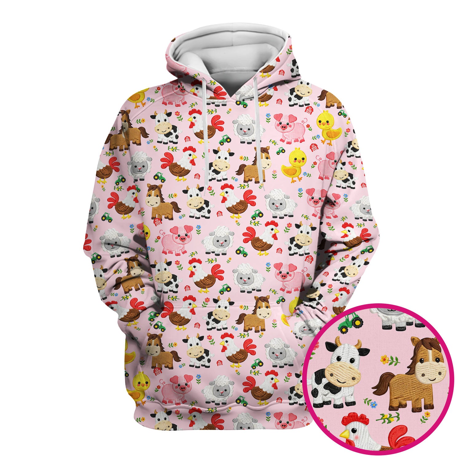 Cartoon Farm Animal Pattern Scrub Top, Breathable Fabrics Nursing Uniform