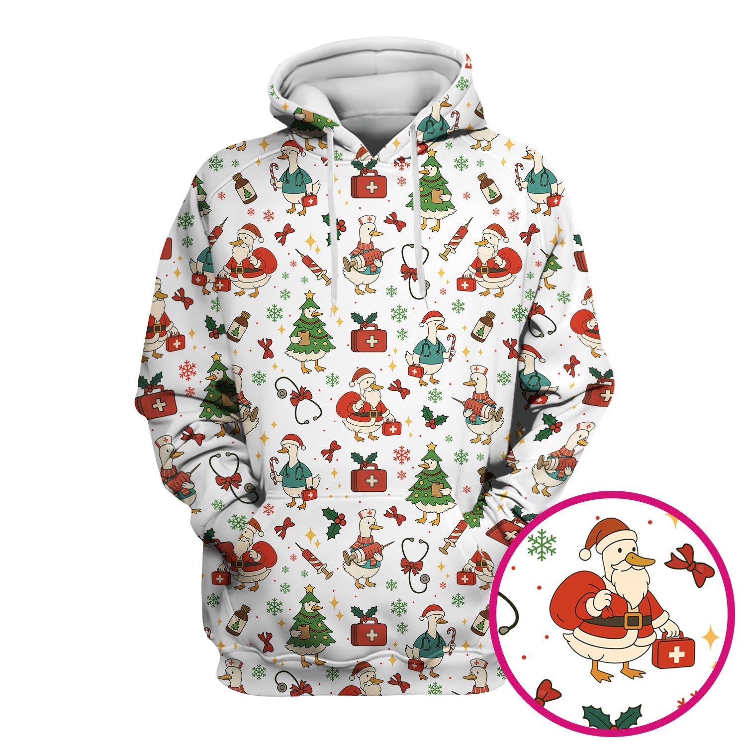 Christmas Duck Nurse Scrub Top for Women - Cute Santa Claus Pattern - Funny Holiday Nursing Shirt Gift for RN LPN CNA