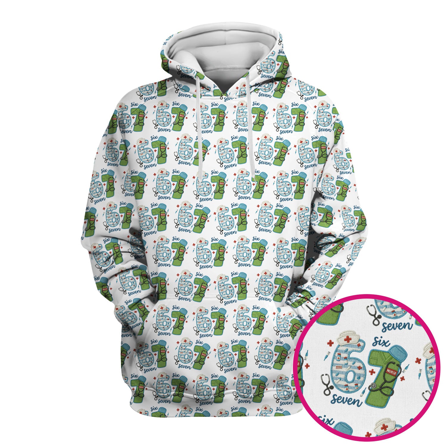 Nurse Six Seven Pattern Scrub Top, Cute Medical Number Print Shirt for Nursing Professionals