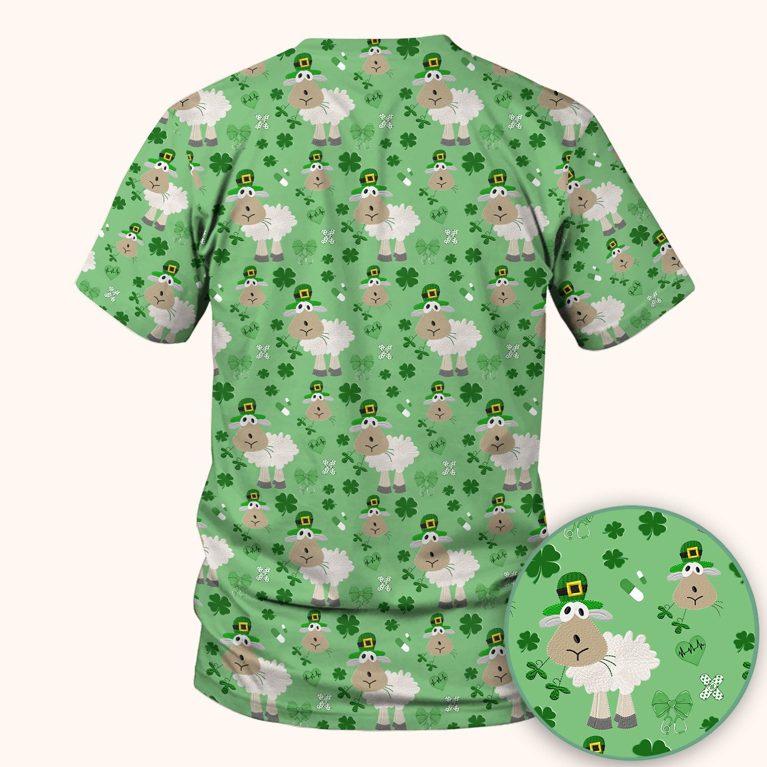 Nurse St. Patrick Scrubs Top, Cute Sheep Shamrock Pattern Nurse Shirt, Breathable Fabrics Nursing Uniform