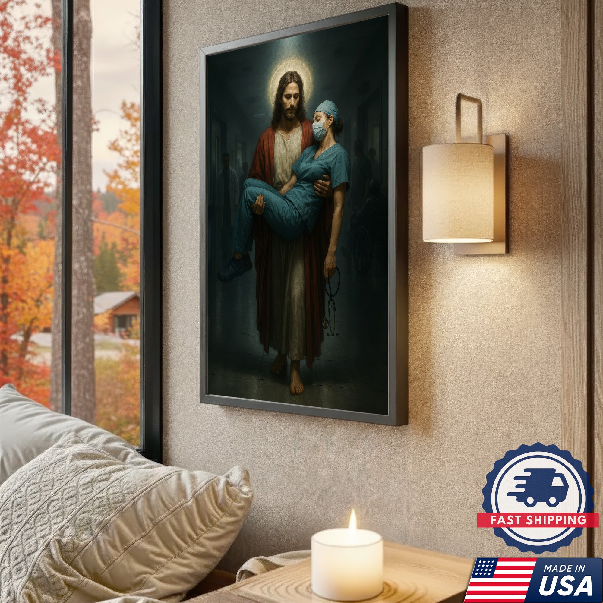 Jesus Carrying Nurse Canvas Wall Art, Christian Inspirational Gift, RN LPN CNA Gift