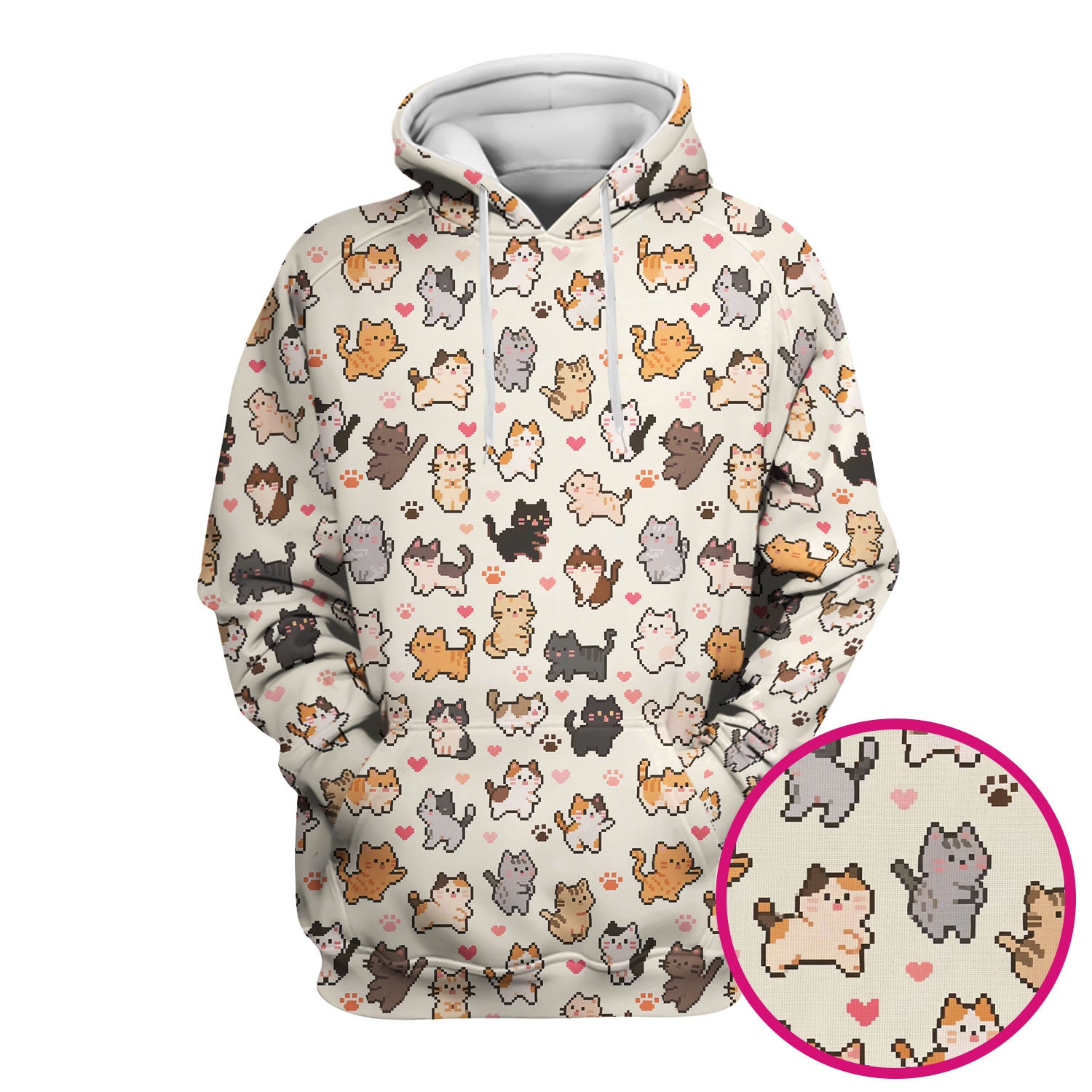 Cute Pixel Cat Heart Paw Pattern Scrub Top, Breathable Fabrics Nursing Uniform