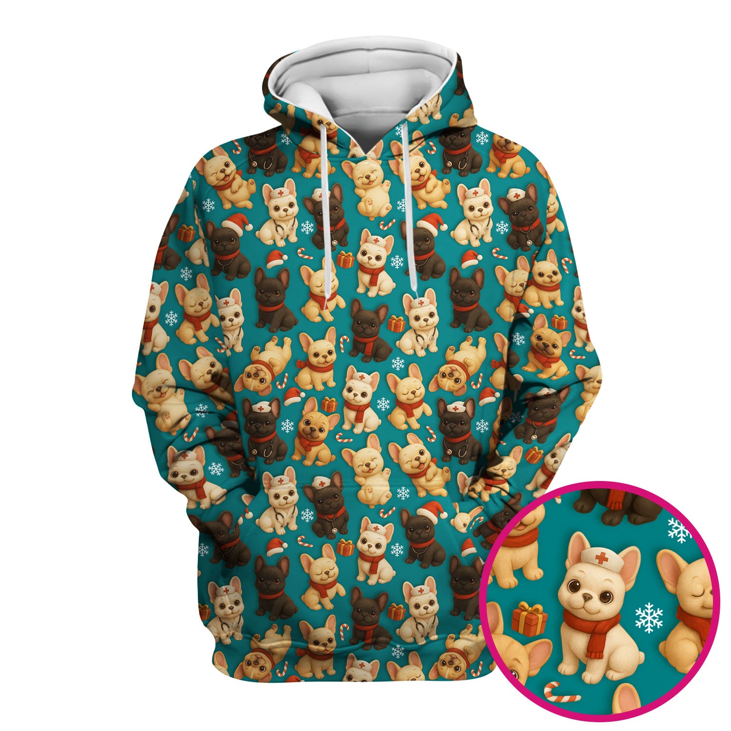 French Bulldog Scrubs Christmas Top for Nurses - Cute Holiday Dog Pattern with Gifts, Candy Canes & Nurse Icons - Festive Christmas Scrubs Shirt for Women