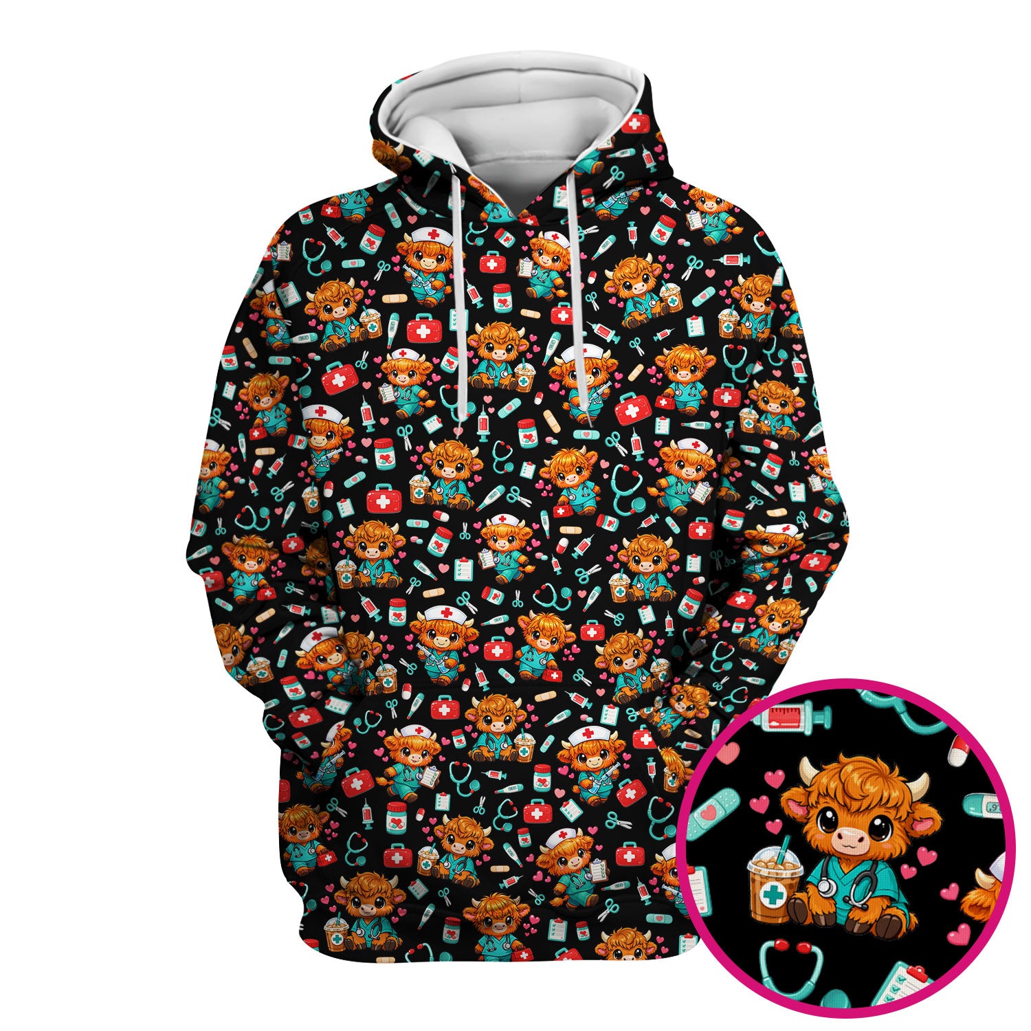 Cute Highland Cow Nurse Scrub Top, Kawaii Medical Pattern Shirt, Breathable Fabrics Nursing Uniform