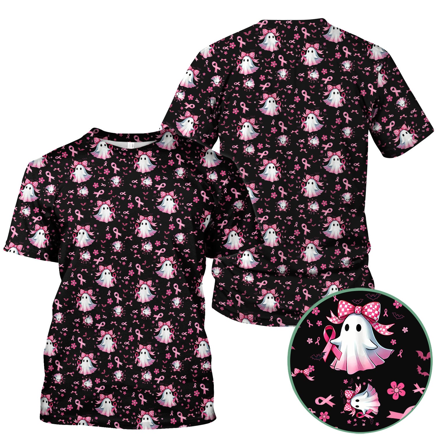 Halloween Ghost Scrub Top for Women - Breast Cancer Awareness Pink Ribbon Nurse Shirt - Cute Spooky Medical Uniform RN LPN CNA