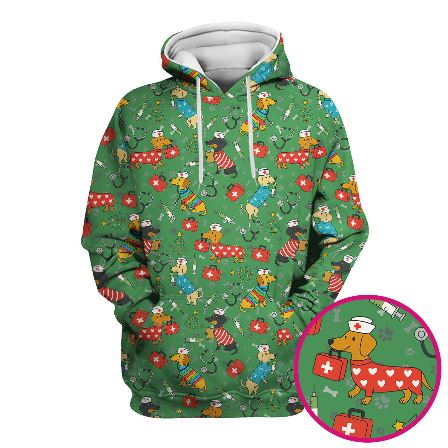 Funny Dachshund Scrub Shirt - Christmas Dog Print Scrubs Multi Color - Holiday Nurse Scrub Top Gift for Women, Men, CNA, RN, Medical Staff