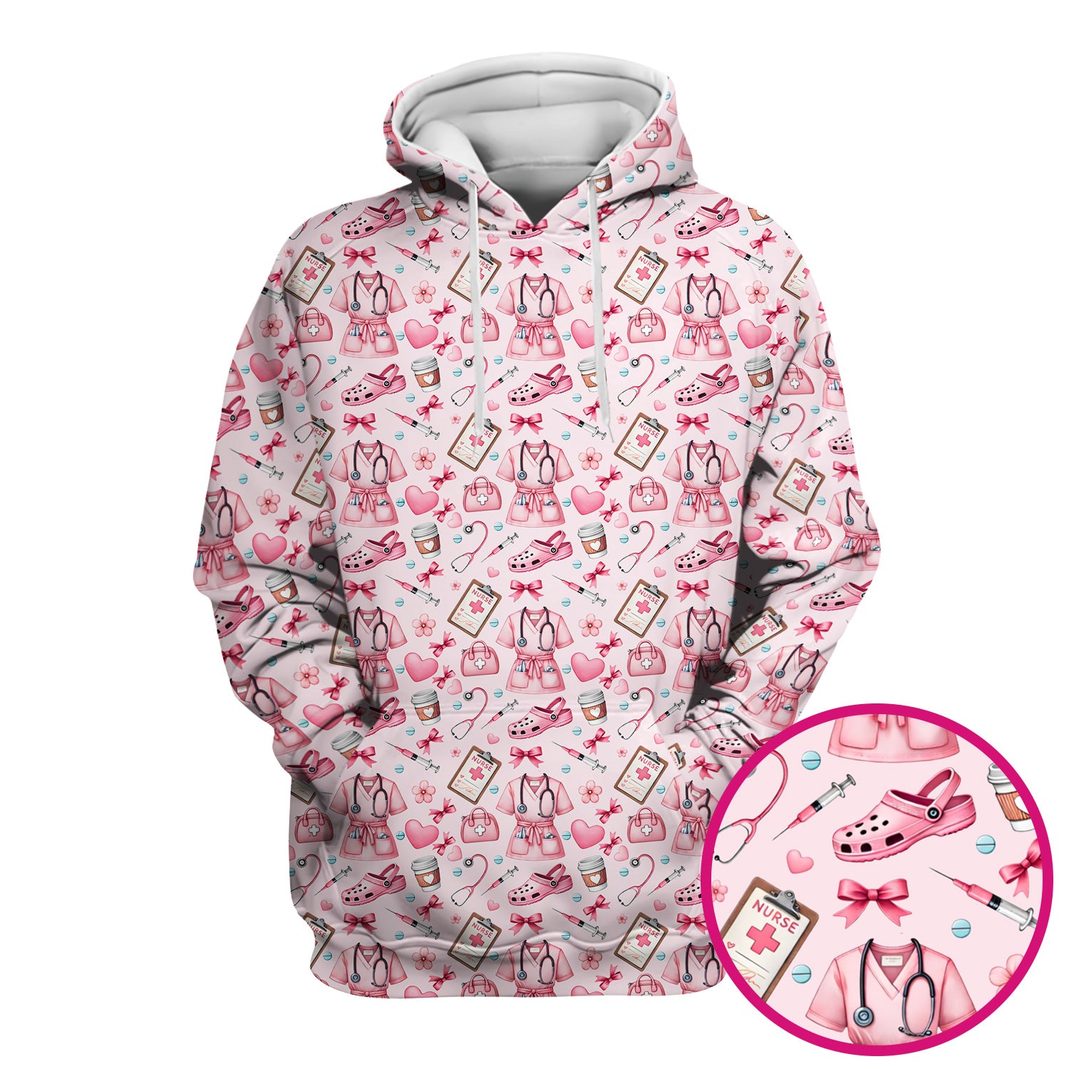 Valentine Pink Nurse Icons Print Scrub Top, Comfortable Scrubs for Nurses