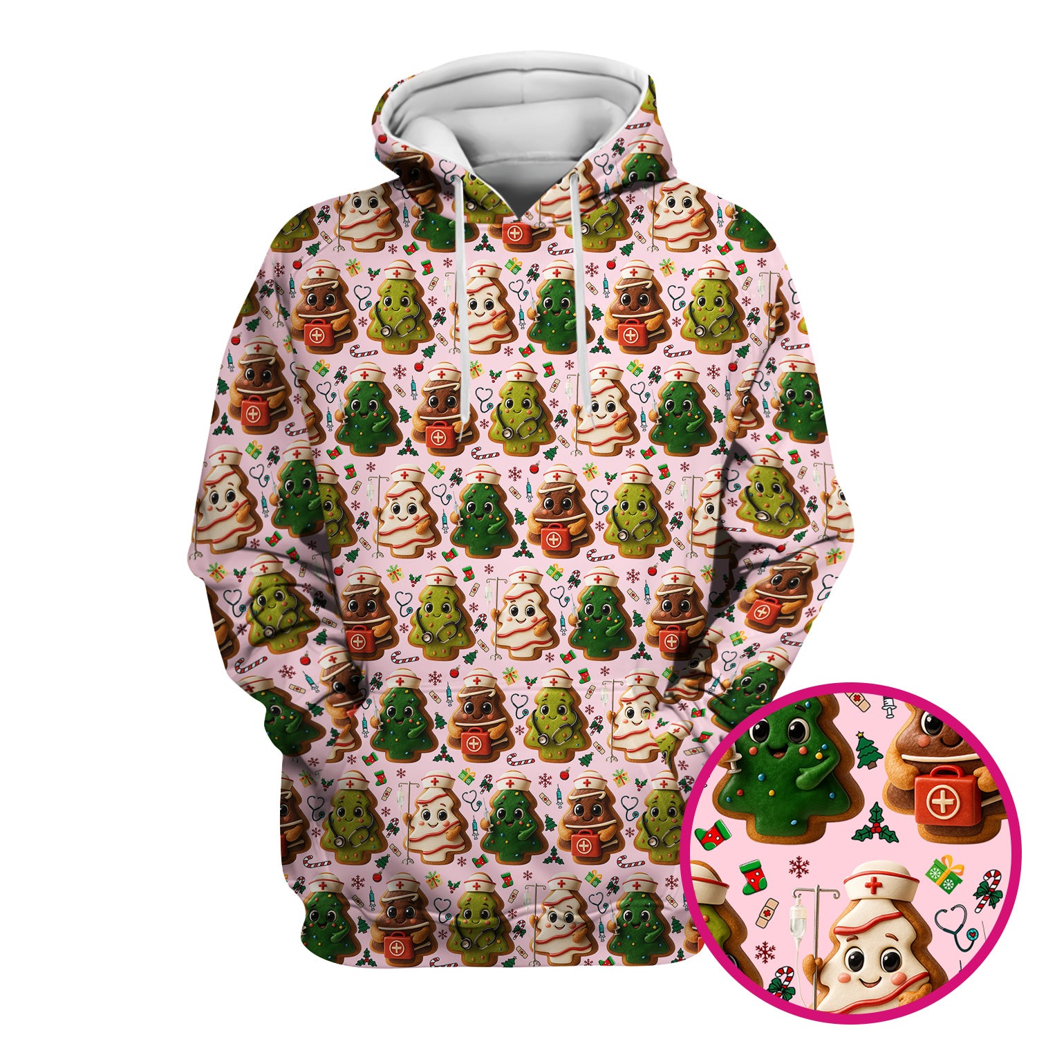 Christmas Cookie Scrub Top – Festive Nurse & Holiday Tree Pattern – Cute Medical Uniform for Nurses, Vets and Healthcare Workers