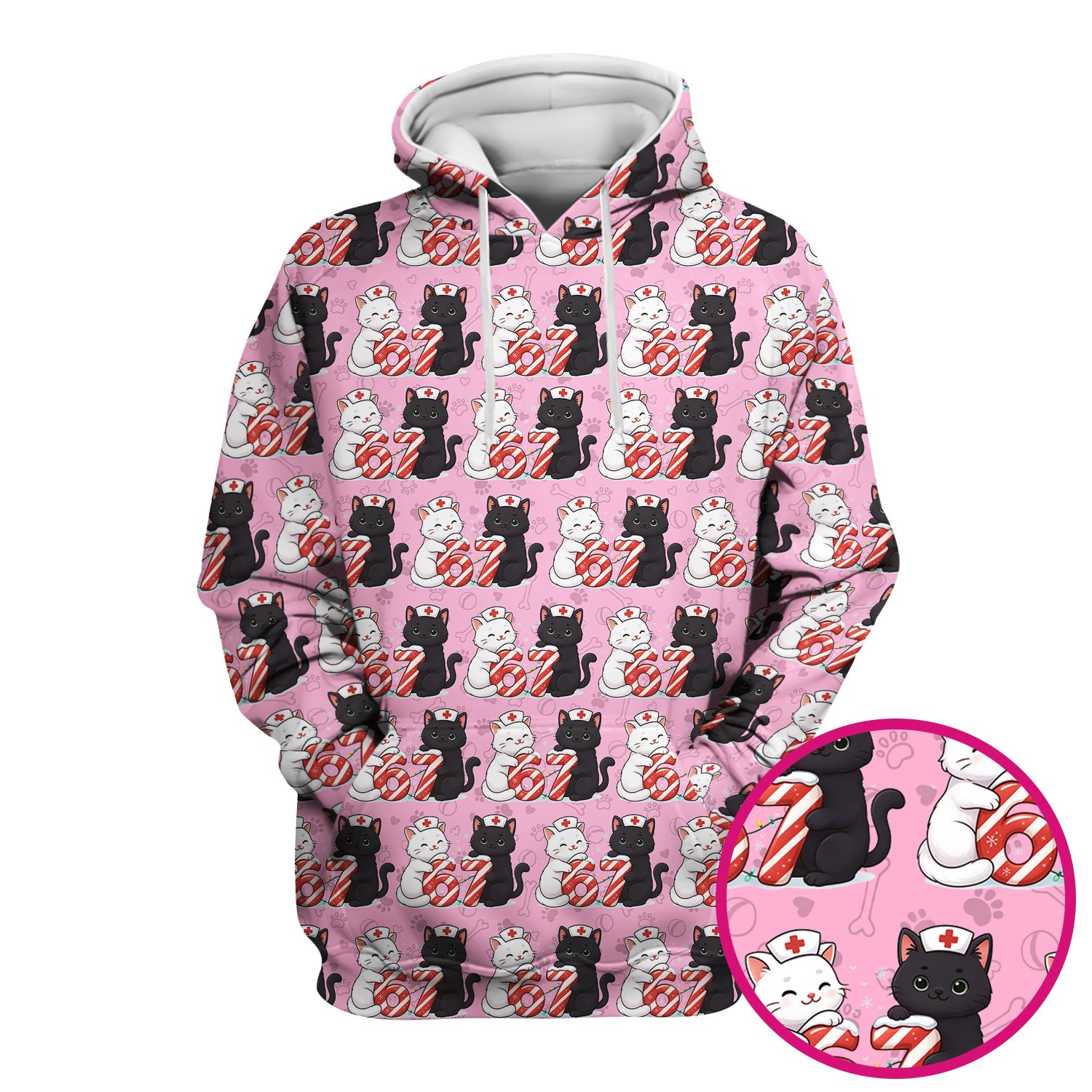 Xmas Cat Pattern Scrub Top, Christmas Nurse Six Seven With Cat Scrub Shirt, Breathable Fabrics Nursing Uniform