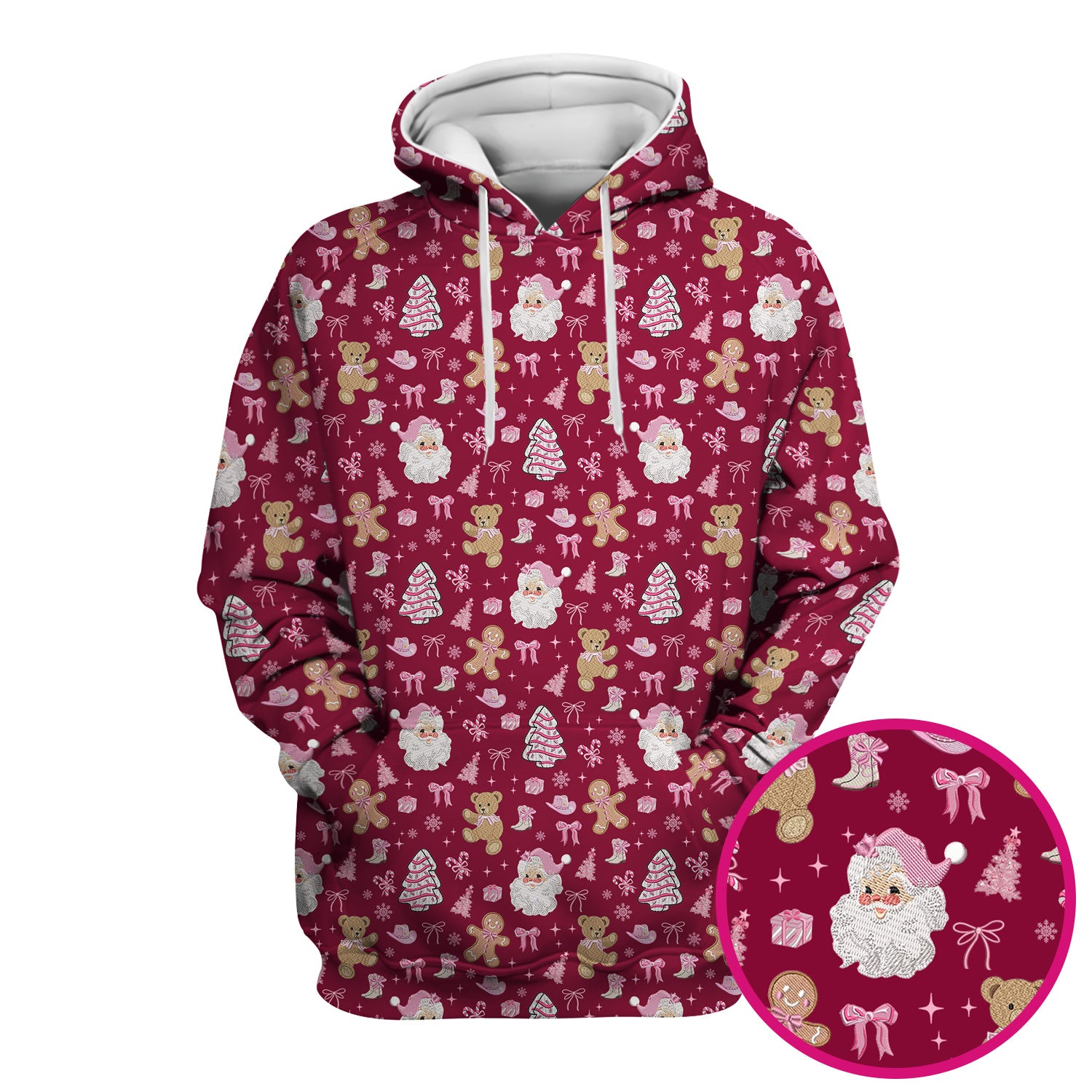 Pink Christmas Santa Gingerbread Scrub Top, Cute Holiday Medical Pattern Shirt, Breathable Fabrics Nursing Uniform