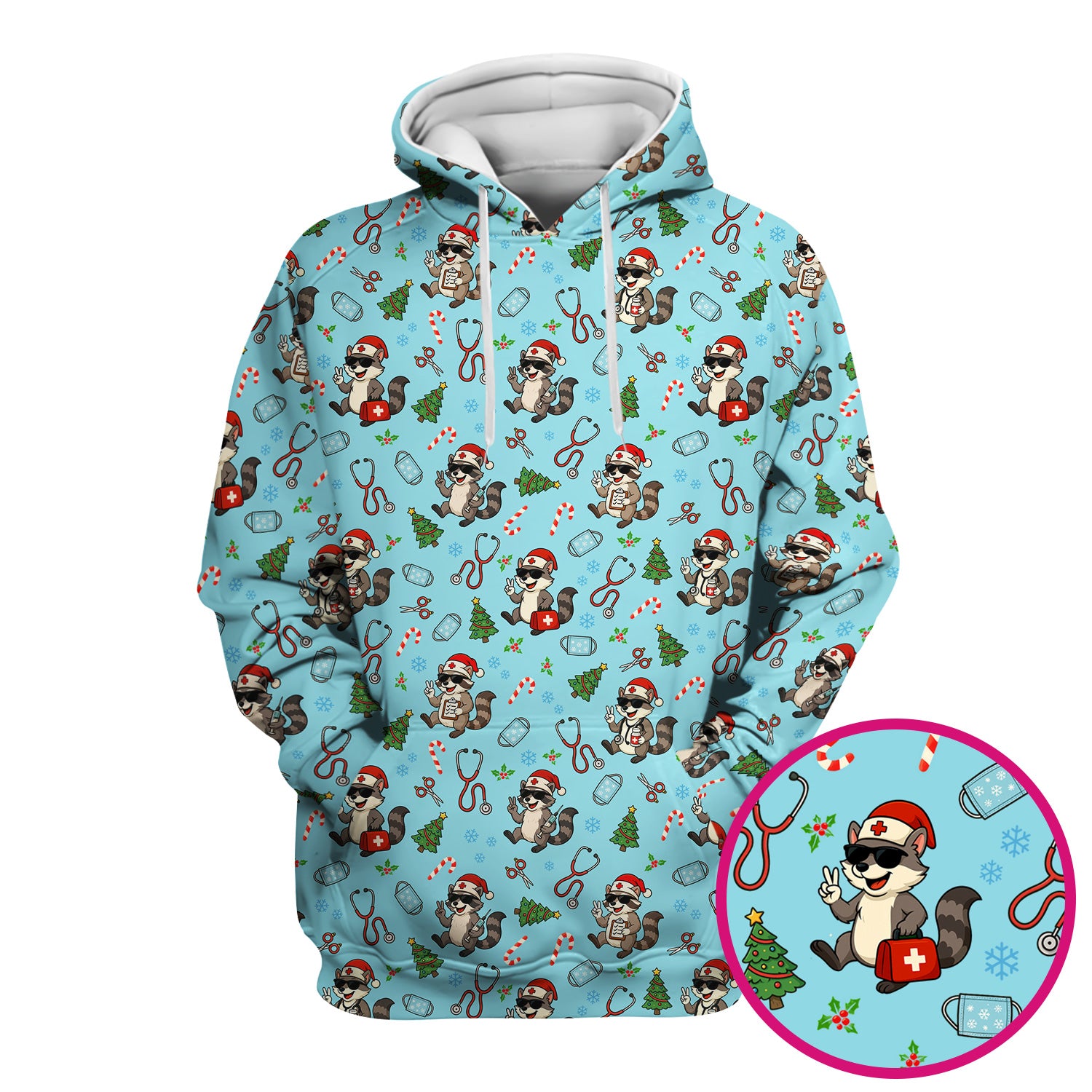 Christmas Scrub Top for Nurses - Funny Raccoon and Medical Tools Pattern - Festive Holiday Nurse Scrubs Shirt Gift for Women RN LPN CNA