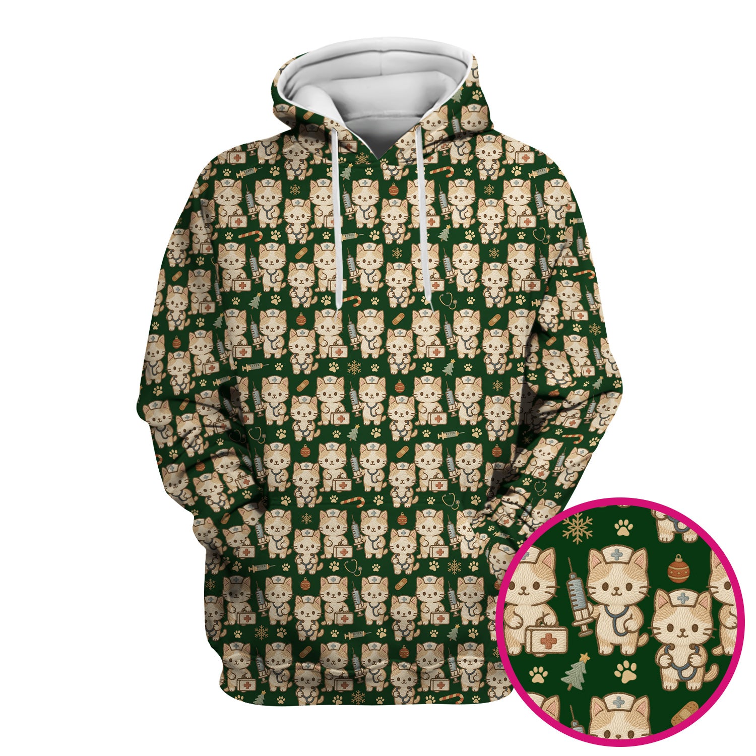 Cute Cat Nurse Christmas Scrub Top, Kawaii Kitty Medical Pattern Shirt, Breathable Fabrics Nursing Uniform