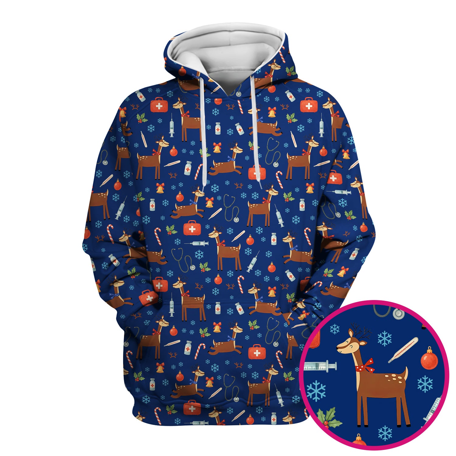 Christmas Reindeer Scrub Top for Nurses - Cute Reindeers Snowflakes Candy Canes Shirt - Comfortable Med Uniform
