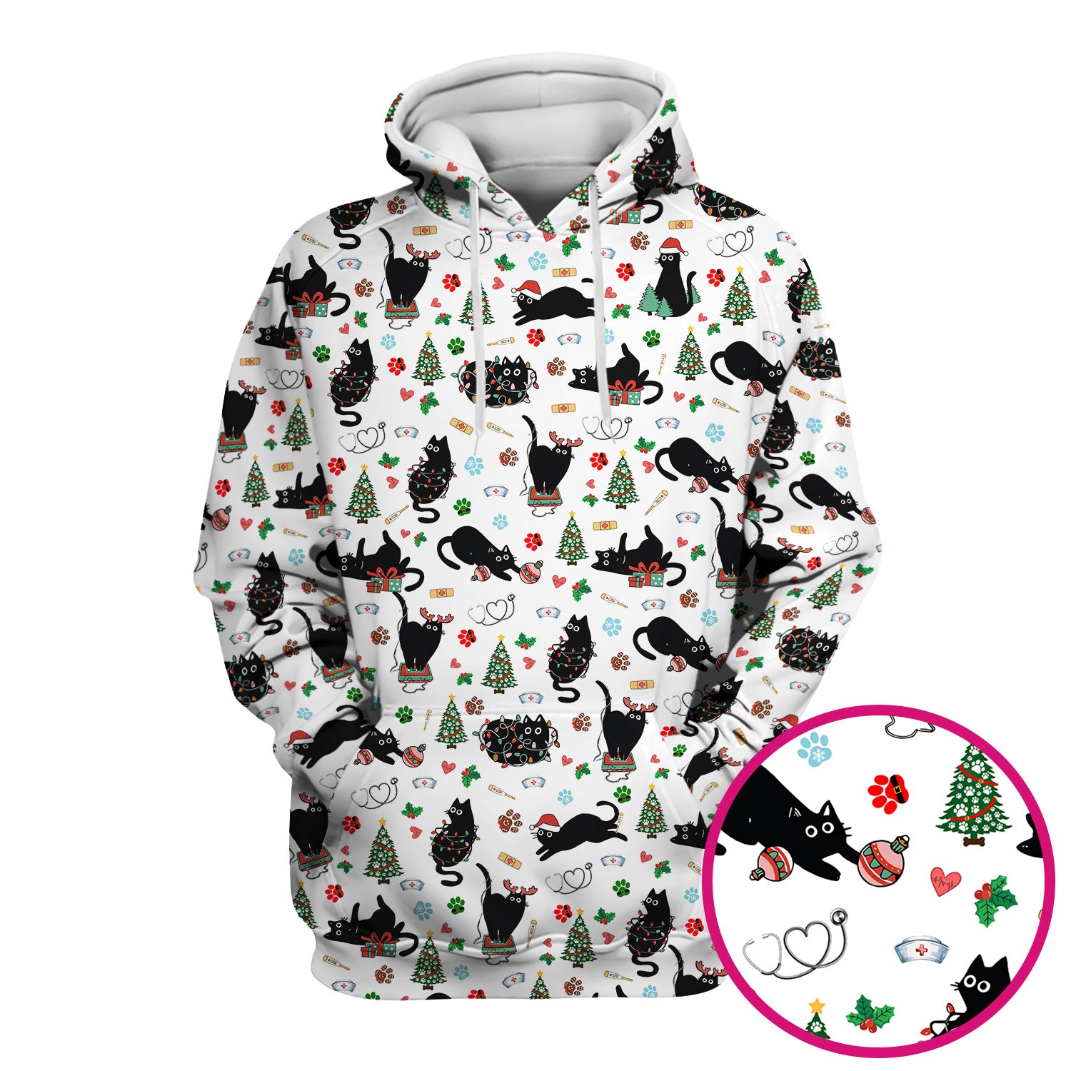 Black Cat Christmas Nurse Scrub Top, Festive Kitty Medical Uniform Shirt for Women