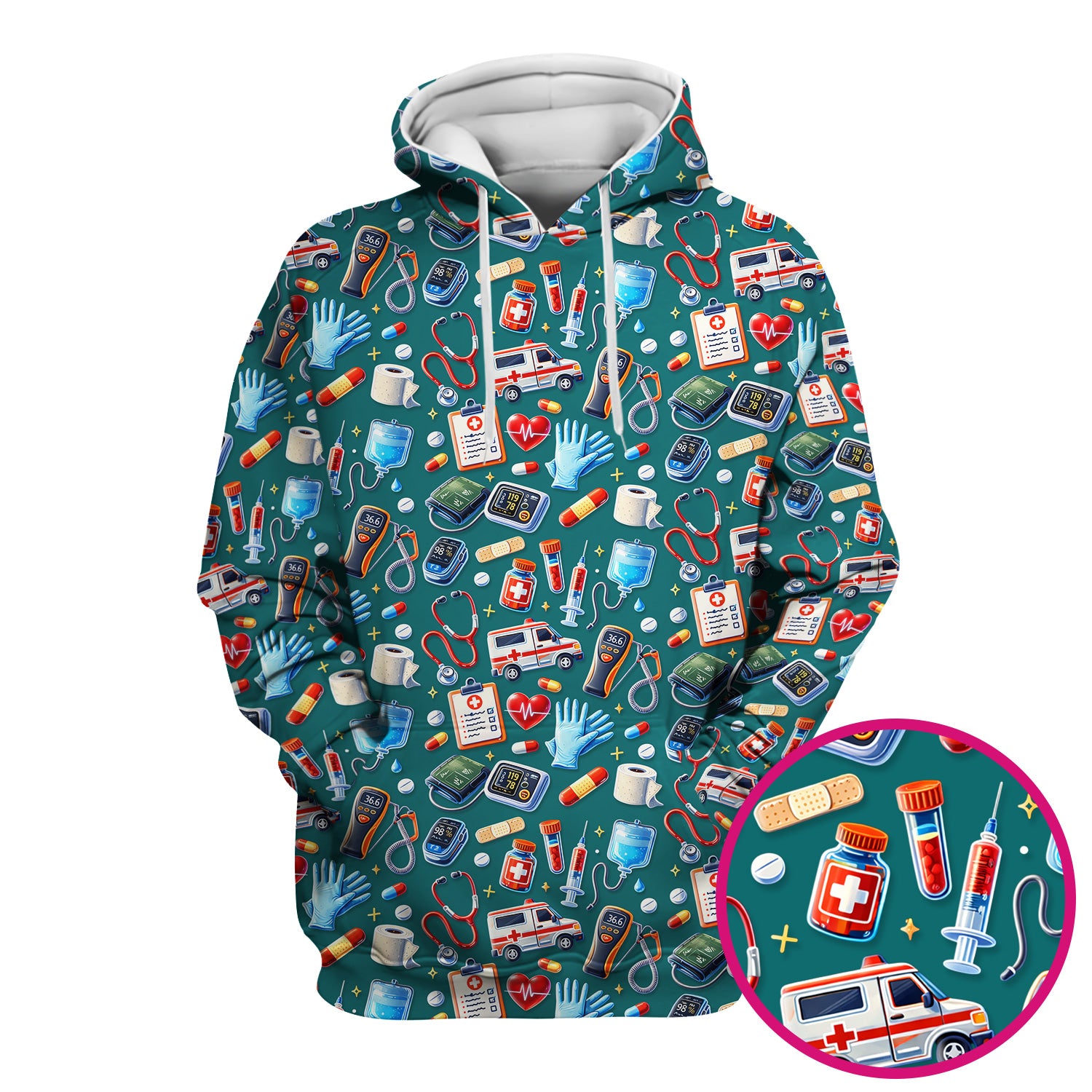 Medical Tools Pattern Ambulance Stethoscope Scrub Top, Comfortable Scrubs for Nurses