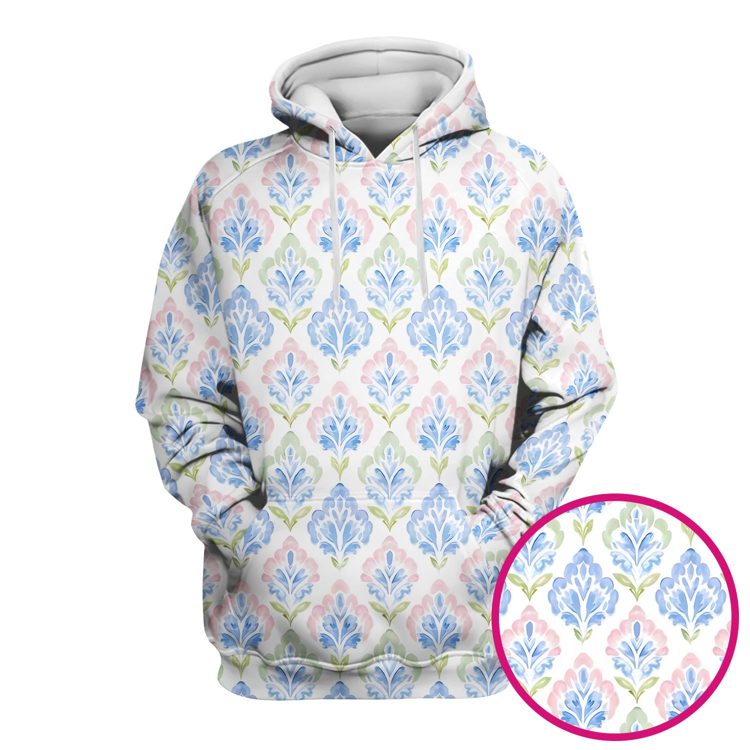 Blue Floral Damask Pattern Scrub Top, Breathable Fabrics Nursing Uniform