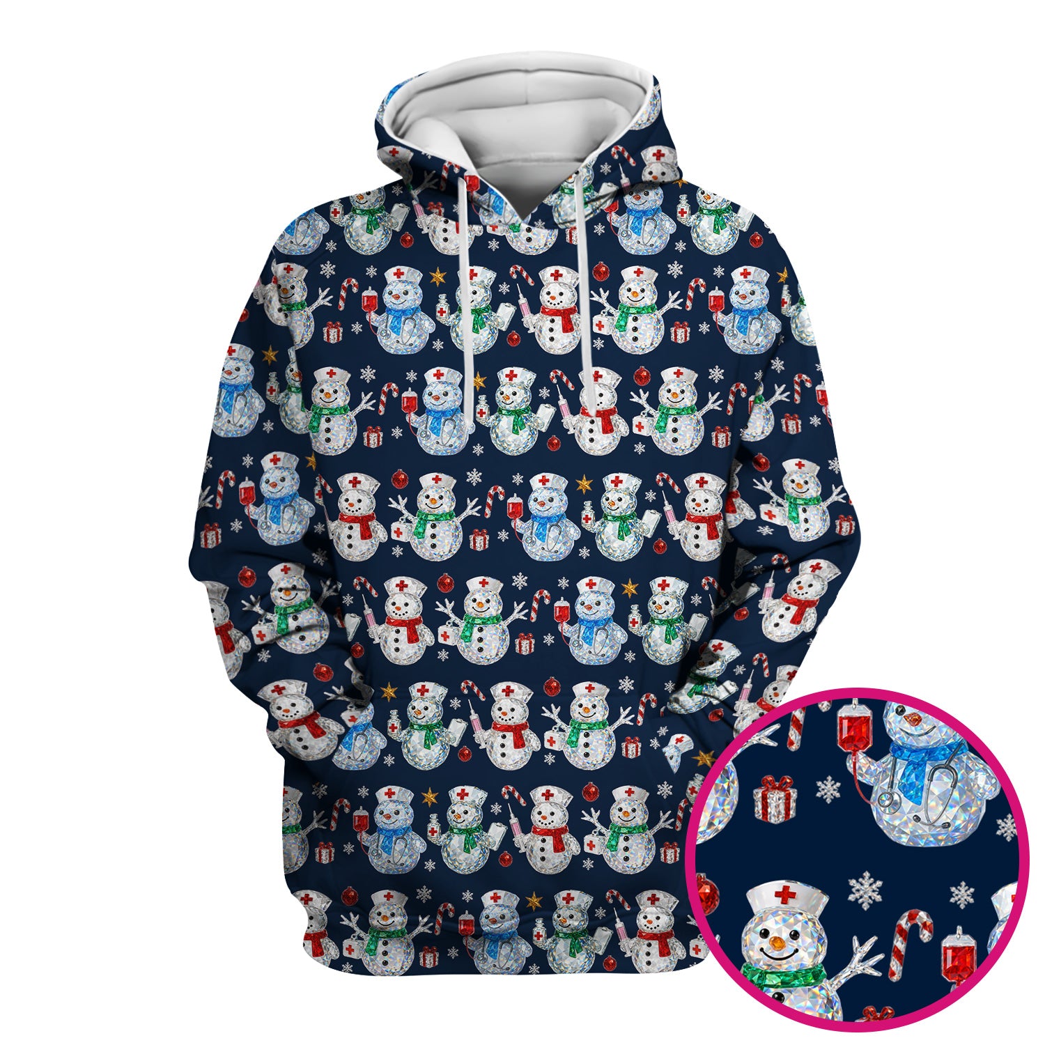 Nurse Snowman Christmas Scrub Top, Cute Holiday Medical Pattern Shirt For Women, Winter Snowflake Nursing Uniform