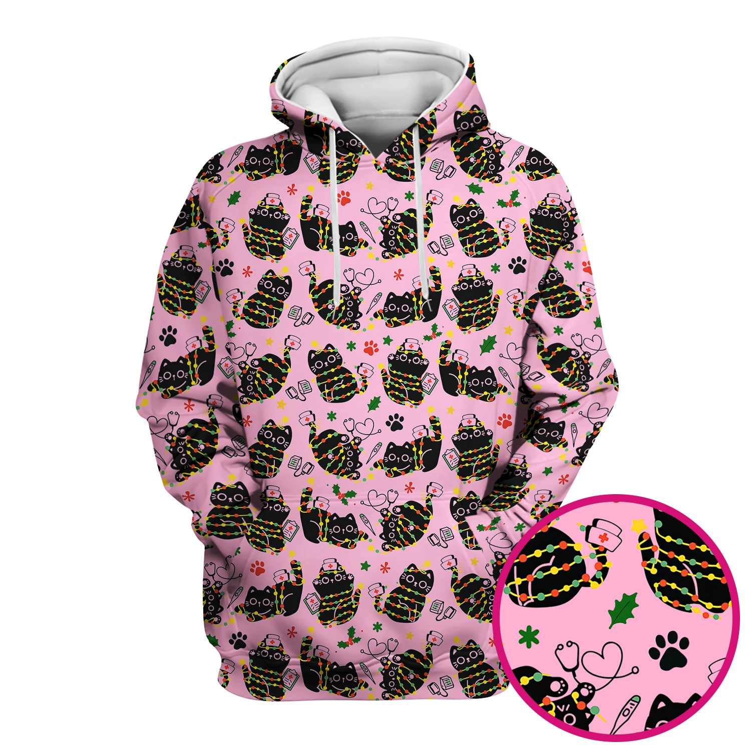 Black Cat Christmas Scrub Top – Nurse & Holiday Lights Pattern Shirt – Cute Medical Uniform For Nursing