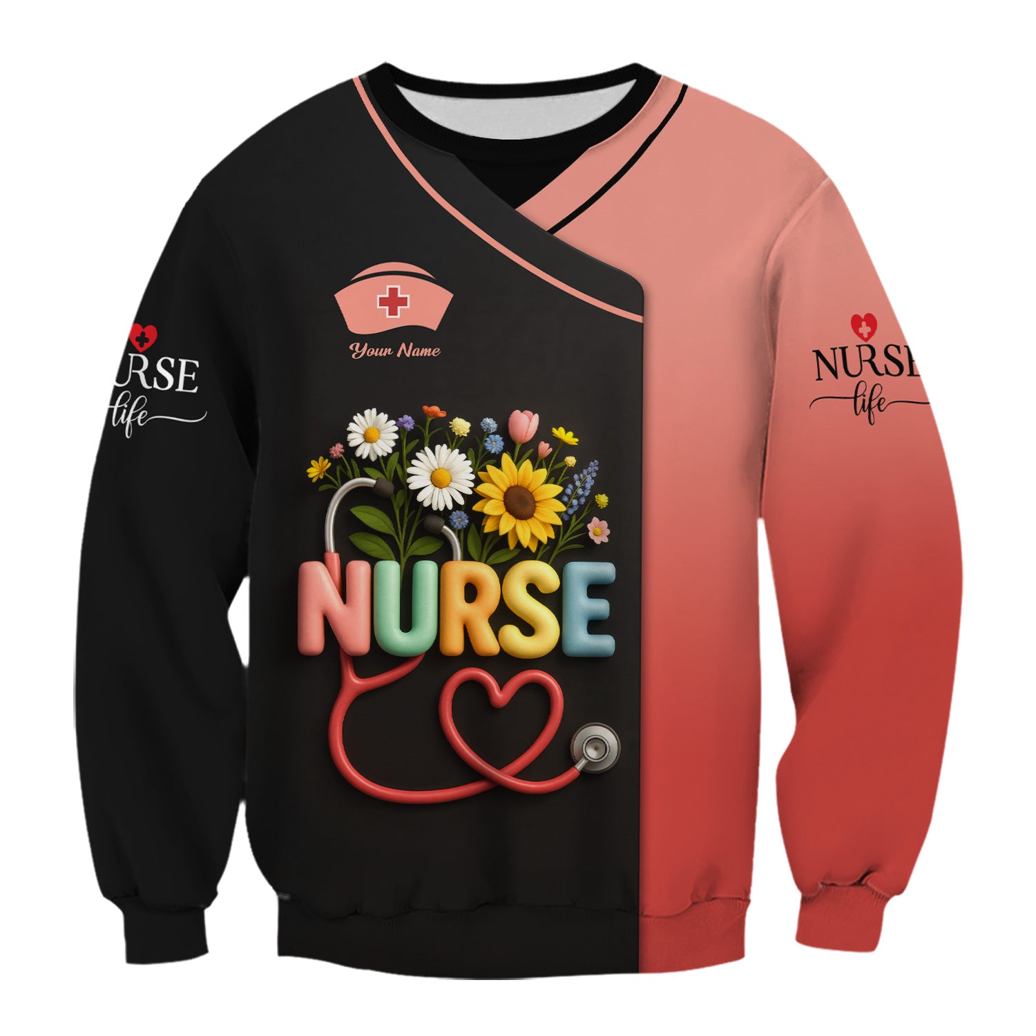 Colorful Floral Nurse Shirt - Personalized Scrub-Style Tee with Heart Stethoscope & Daisies - Gift for RN CNA LPN