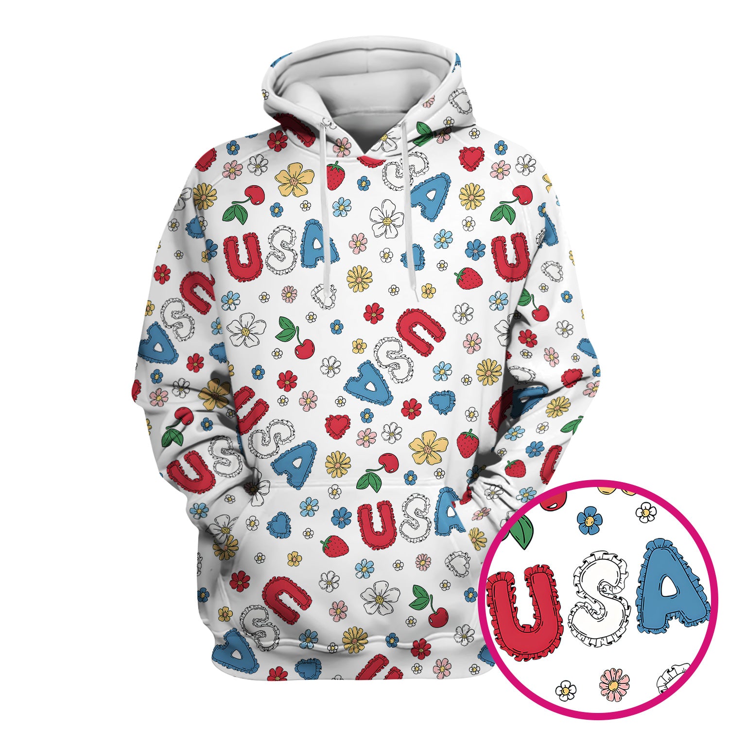 USA Cherry Strawberry Floral Patch Pattern Scrub Top, Comfortable Scrubs for Nurses