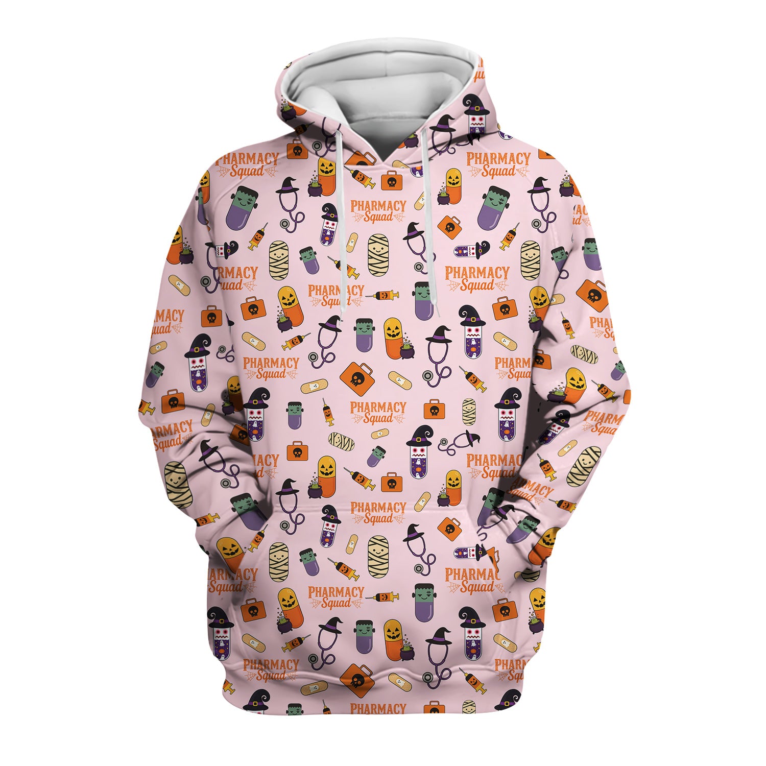 Halloween Pharmacy Squad Scrub Top - Funny Medical Pattern Scrubs for Women - Cute Halloween Pill and Witch Print Shirt for Pharmacists