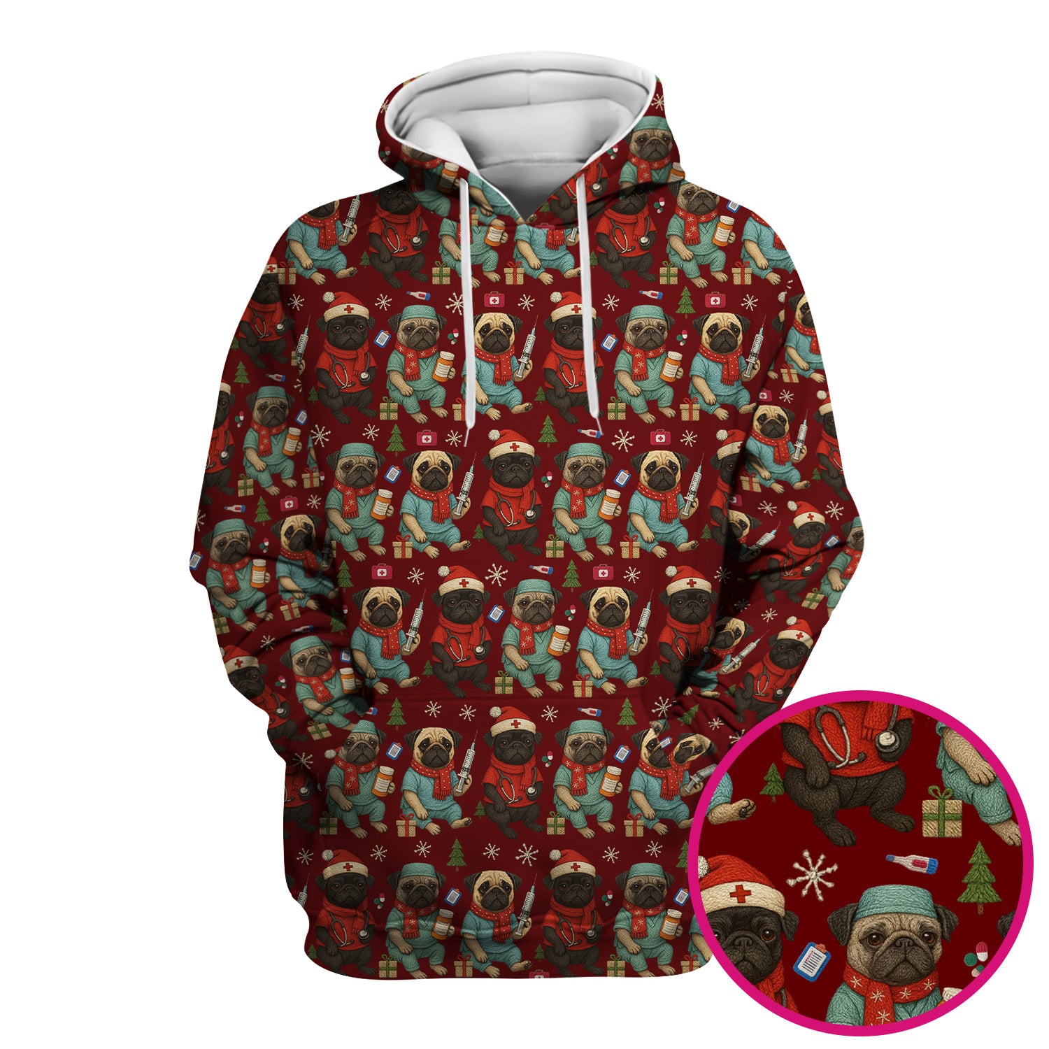 Christmas Pug Nurse Scrub Top, Cute Holiday Dog Medical Uniform Shirt For Nursing