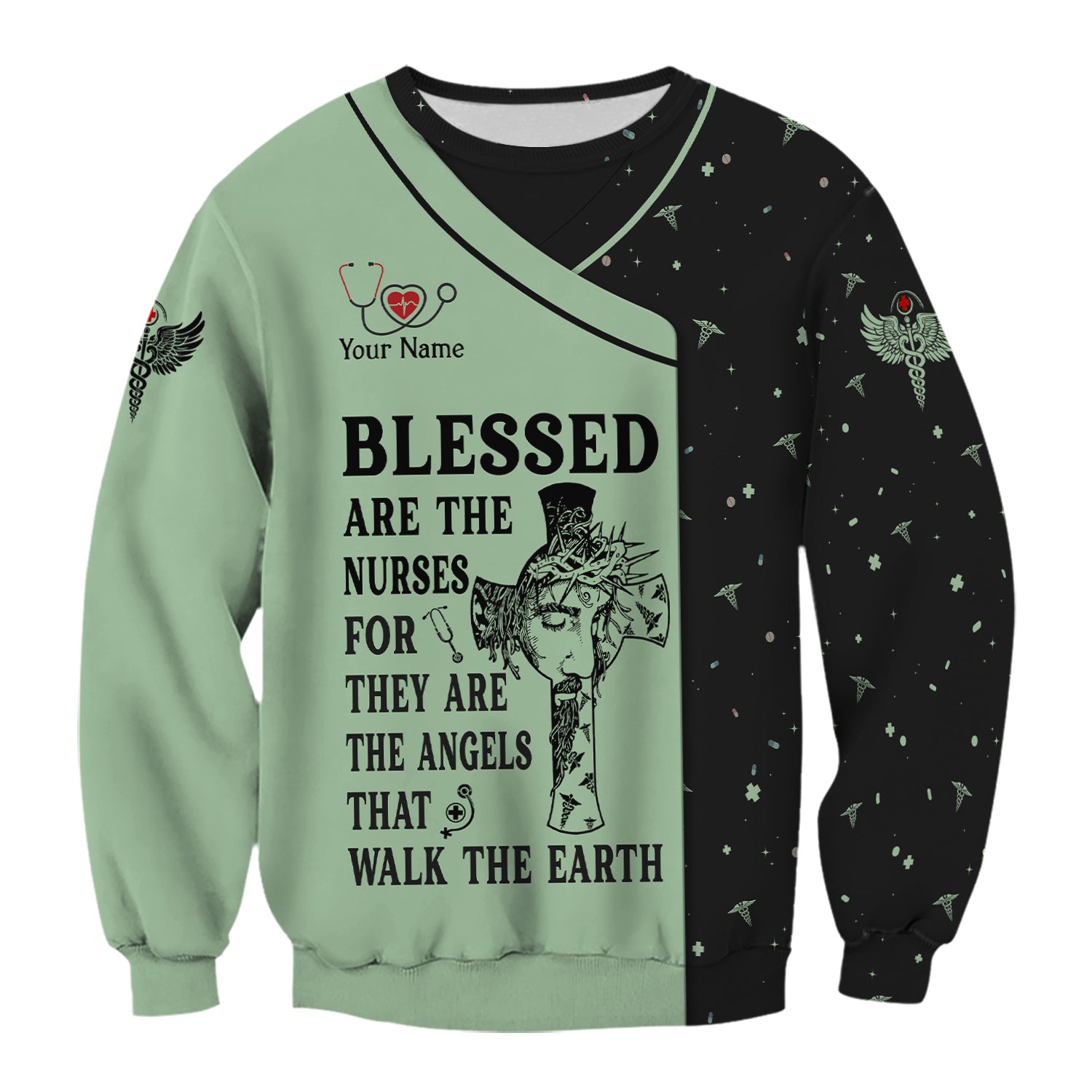 Personalized Christian Nurse Scrub Top - Jesus Cross & Angels That Walk The Earth Quote - Gift for Women RN LPN