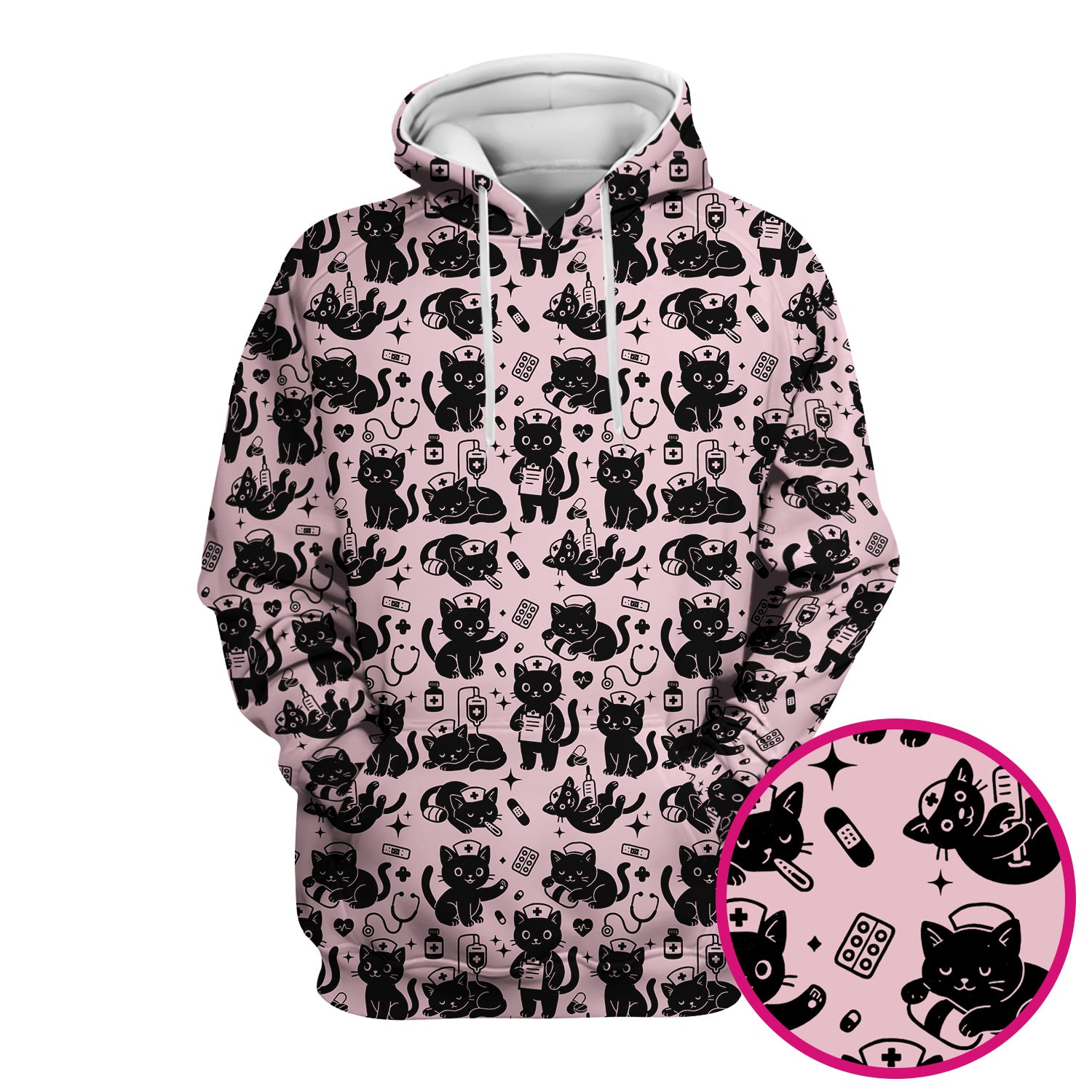Cute Black Cat Nurse Pattern Scrub Top, Breathable Fabrics Nursing Uniform