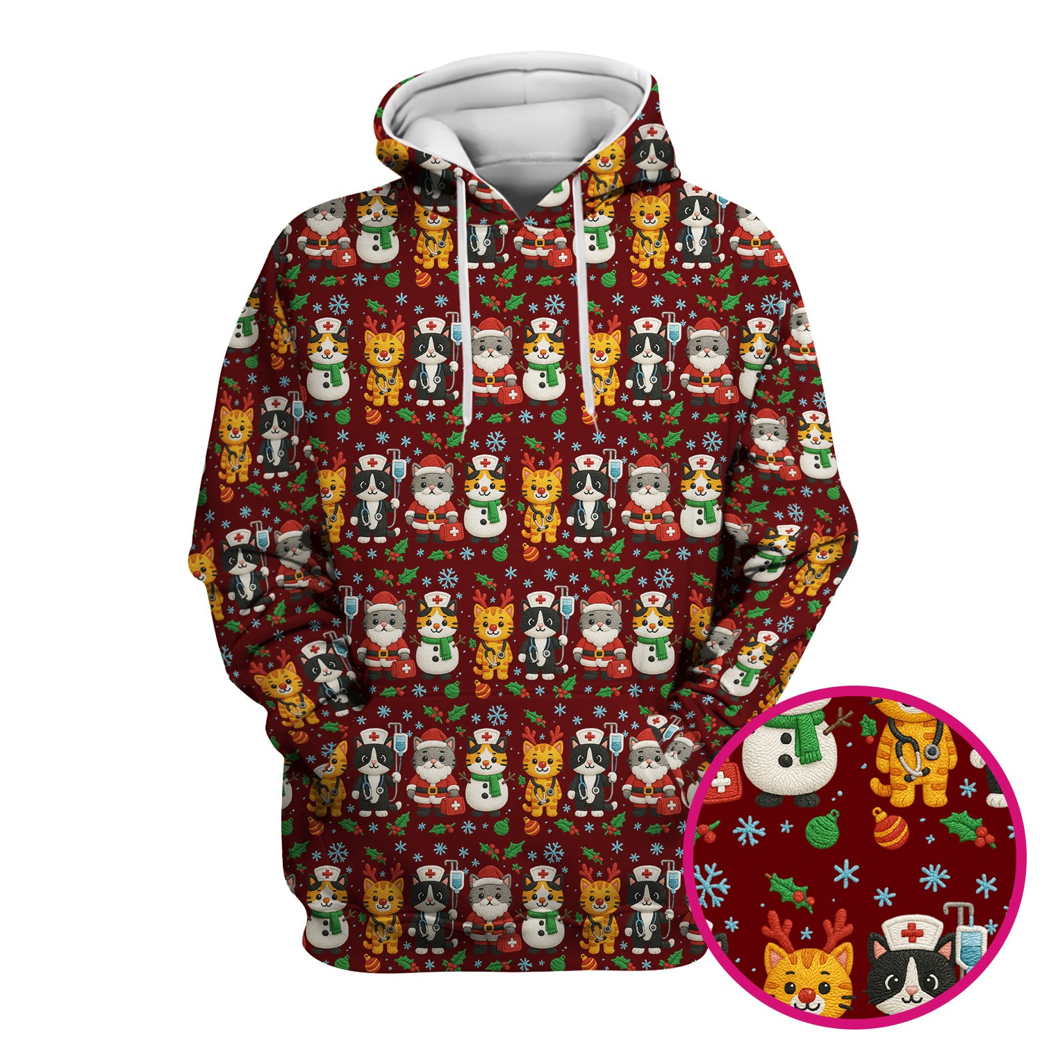 Christmas Cat Nurse Pattern Scrub Top, Cute Holiday Kitty Medical Uniform Shirt For Nursing