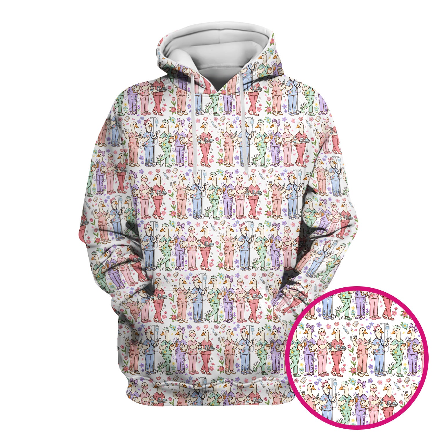 Goose Characters Floral Medical Team Uniform Pattern Scrub Top, Breathable Fabrics Nursing Uniform