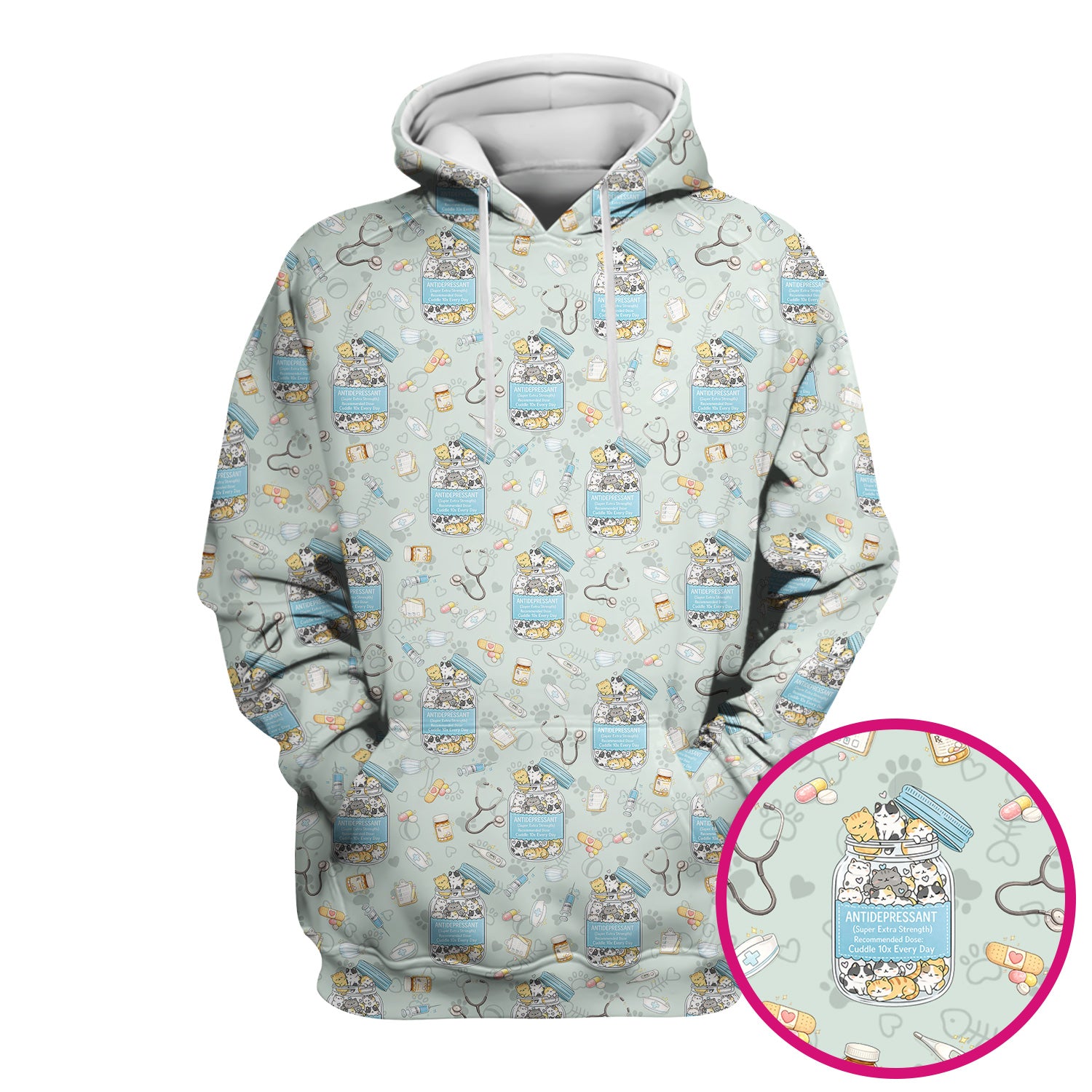 Cute Antidepressant Cat Jar Print Nurse Scrub Top, Breathable Fabrics Nursing Uniform