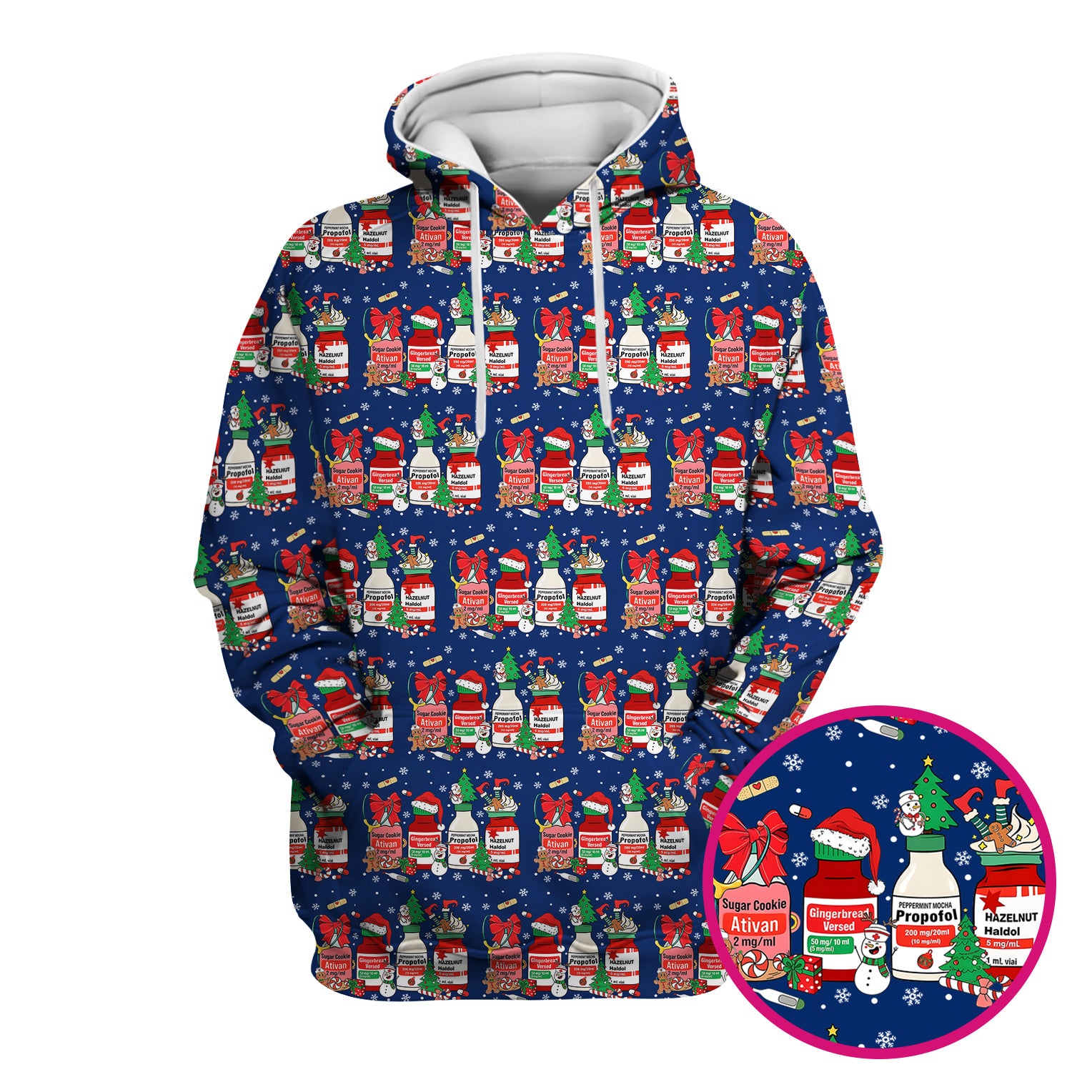 Funny Christmas Medication Scrub Top – Festive Holiday Pharma Bottles Pattern – Playful Medical Uniform for Nurses, Pharmacists & Healthcare Workers
