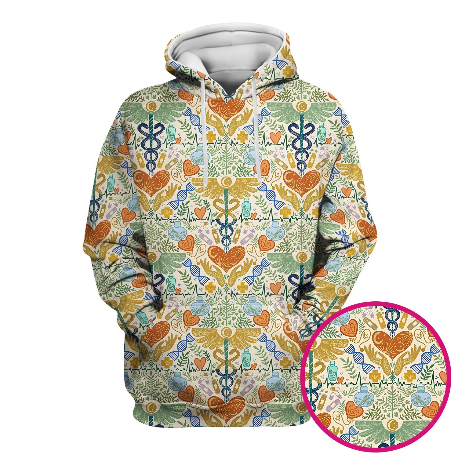 Inspirational Botanical Medical Caduceus Heart Nurse Pattern Scrub Top, Breathable Fabrics Nursing Uniform