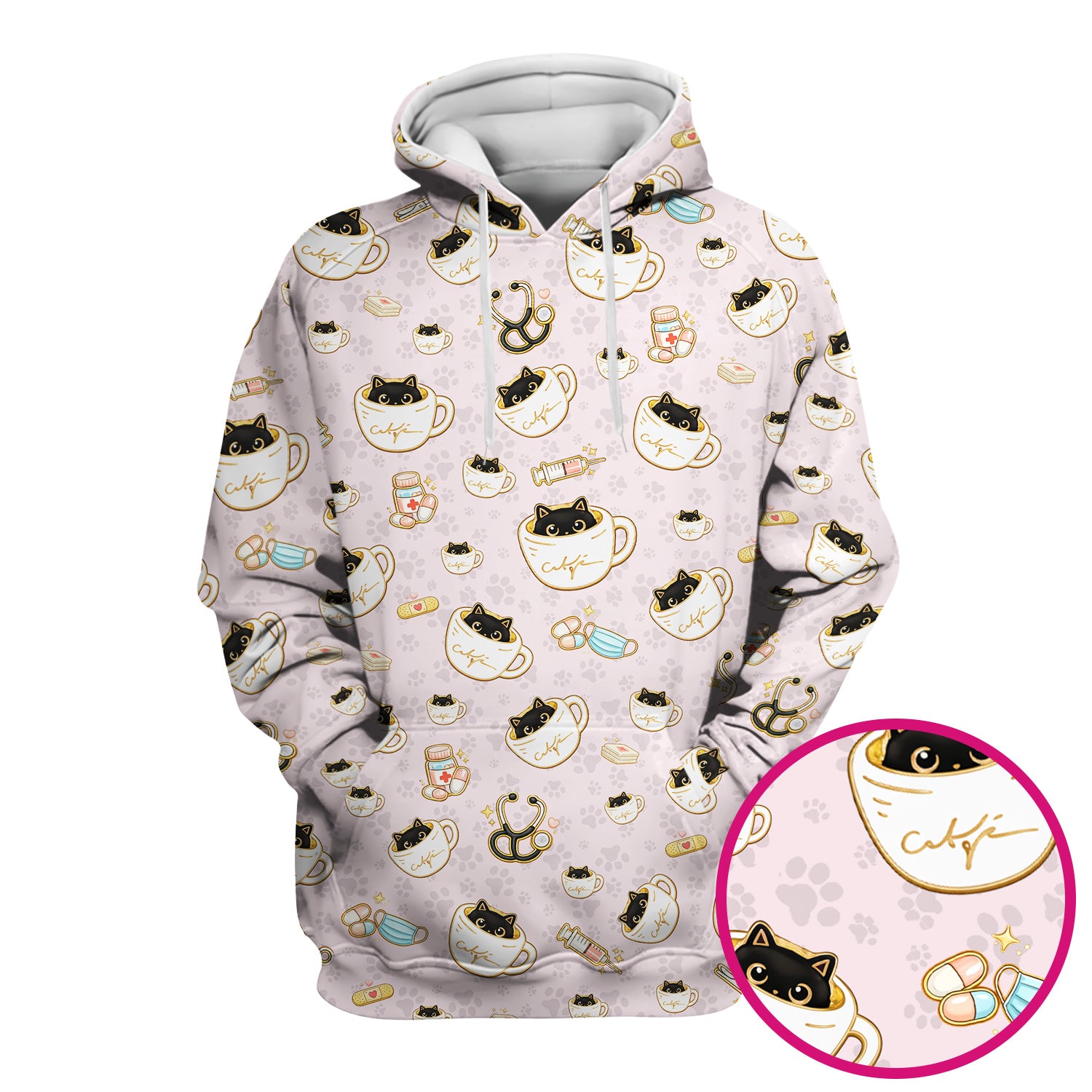 Cute Coffee Cat Medical Print Scrub Top, Breathable Fabrics Nursing Uniform
