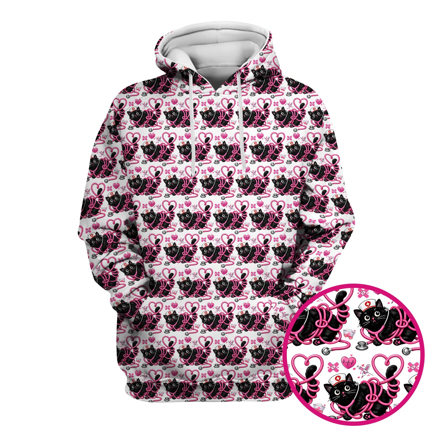Valentine Cute Cat Nurse Heart Print Scrub Top, Comfortable Scrubs for Nurses