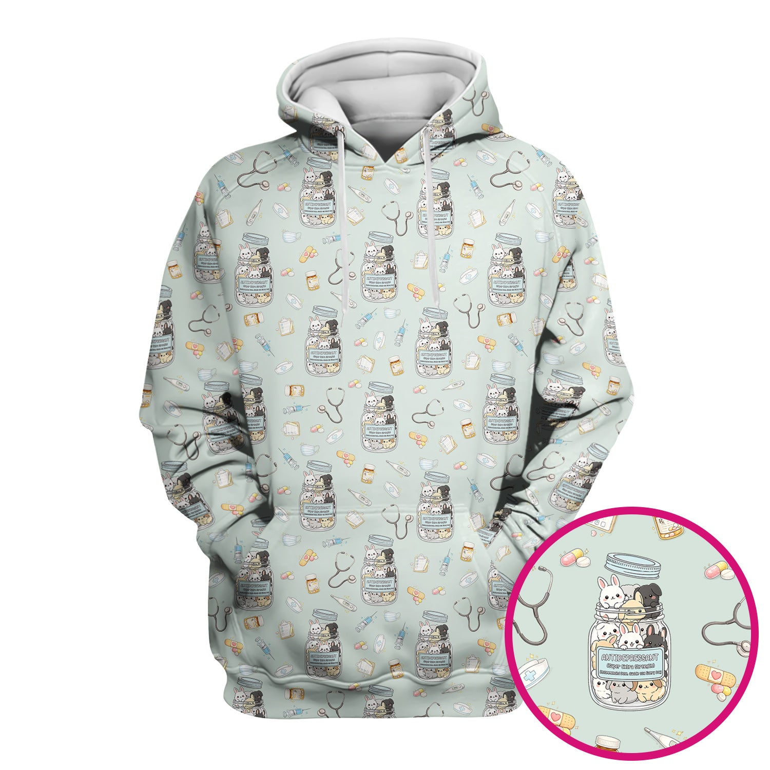 Whimsical Antidepressant Rabbit Jar Design Nurse Scrub Top, Soft & Breathable Workwear